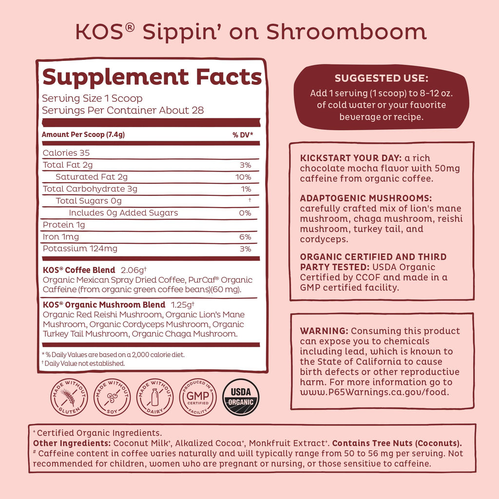 KOS Mushroom Coffee - USDA Certified Organic - Dark Chocolate Mocha Flavor - Mushroom Coffee Latte Powder with Reishi, Cordyceps, Lion's Mane, Chaga & Turkey Tail Mushrooms - Maple Wellness Supplements