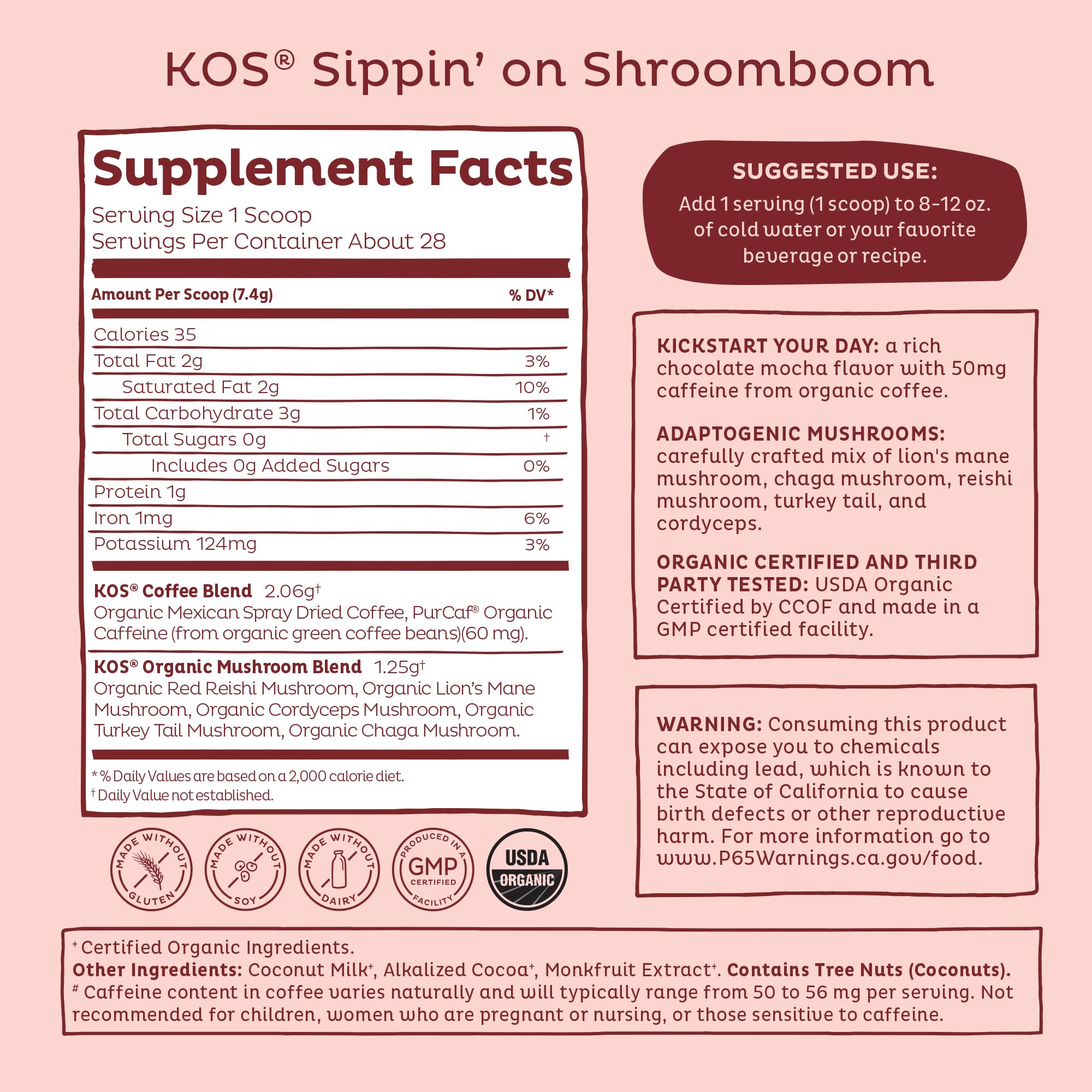 KOS Mushroom Coffee - USDA Certified Organic - Dark Chocolate Mocha Flavor - Mushroom Coffee Latte Powder with Reishi, Cordyceps, Lion's Mane, Chaga & Turkey Tail Mushrooms - Maple Wellness Supplements