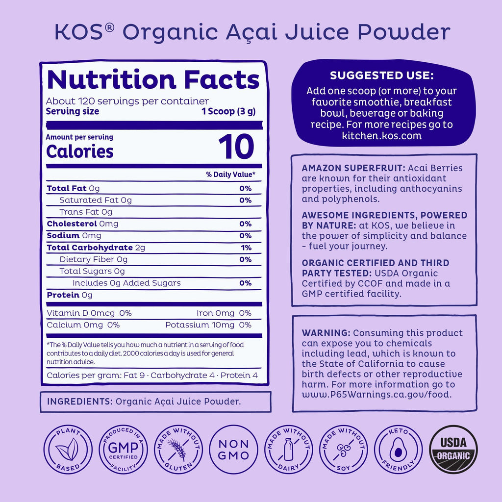KOS Organic Acai Juice Powder - USDA Certified Organic, Plant Based Superfood Antioxidants, Superberry from Brazil, Great for Smoothies and Bowls, 0g Sugar, Vegan, Gluten-Free, Non-GMO - 120 Servings - Maple Wellness Supplements
