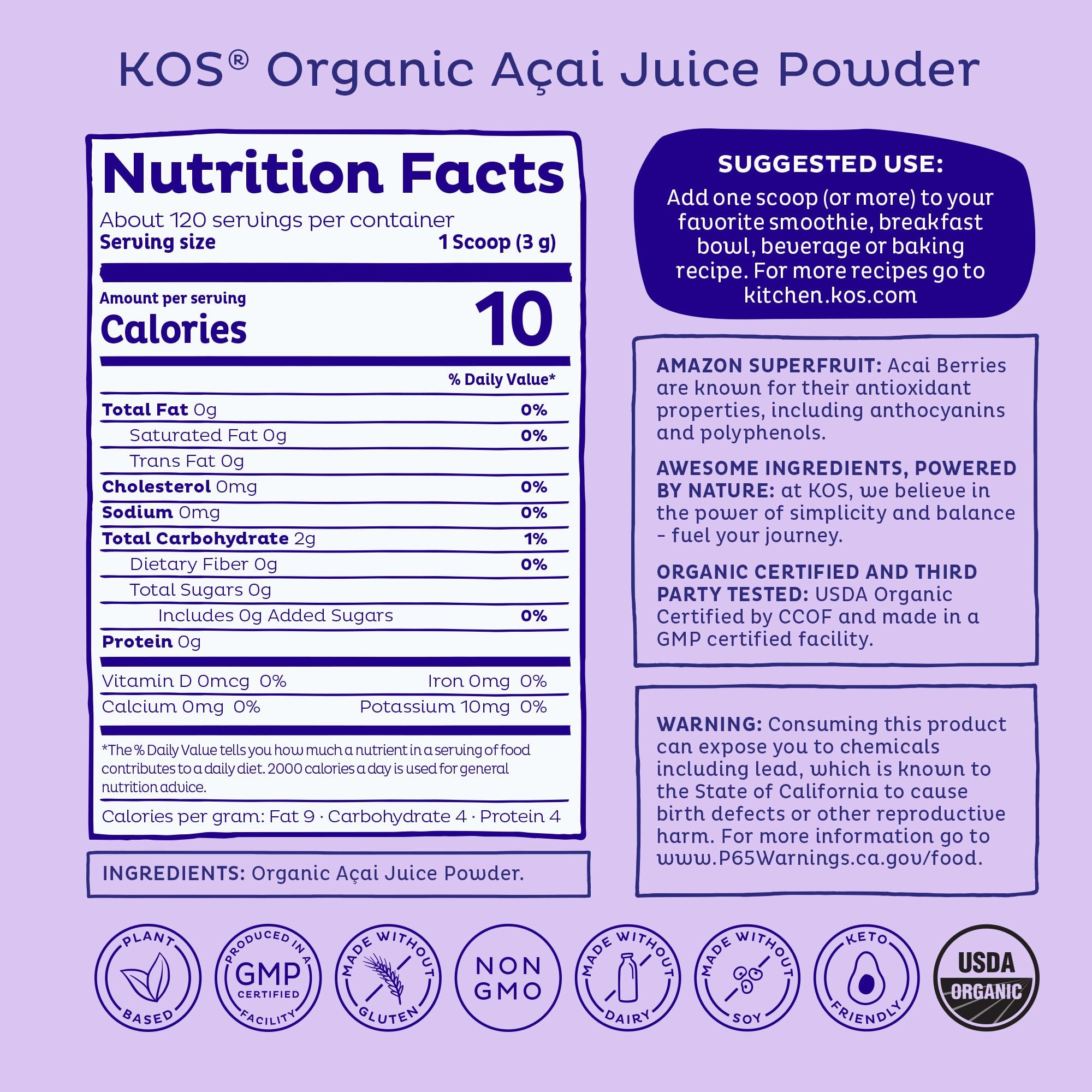 KOS Organic Acai Juice Powder - USDA Certified Organic, Plant Based Superfood Antioxidants, Superberry from Brazil, Great for Smoothies and Bowls, 0g Sugar, Vegan, Gluten-Free, Non-GMO - 120 Servings - Maple Wellness Supplements