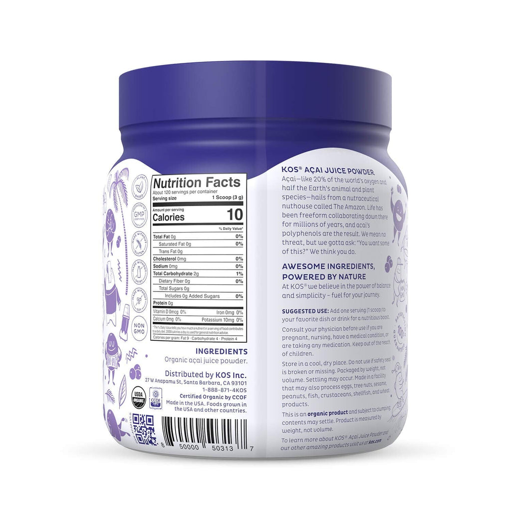 KOS Organic Acai Juice Powder - USDA Certified Organic, Plant Based Superfood Antioxidants, Superberry from Brazil, Great for Smoothies and Bowls, 0g Sugar, Vegan, Gluten-Free, Non-GMO - 120 Servings - Maple Wellness Supplements