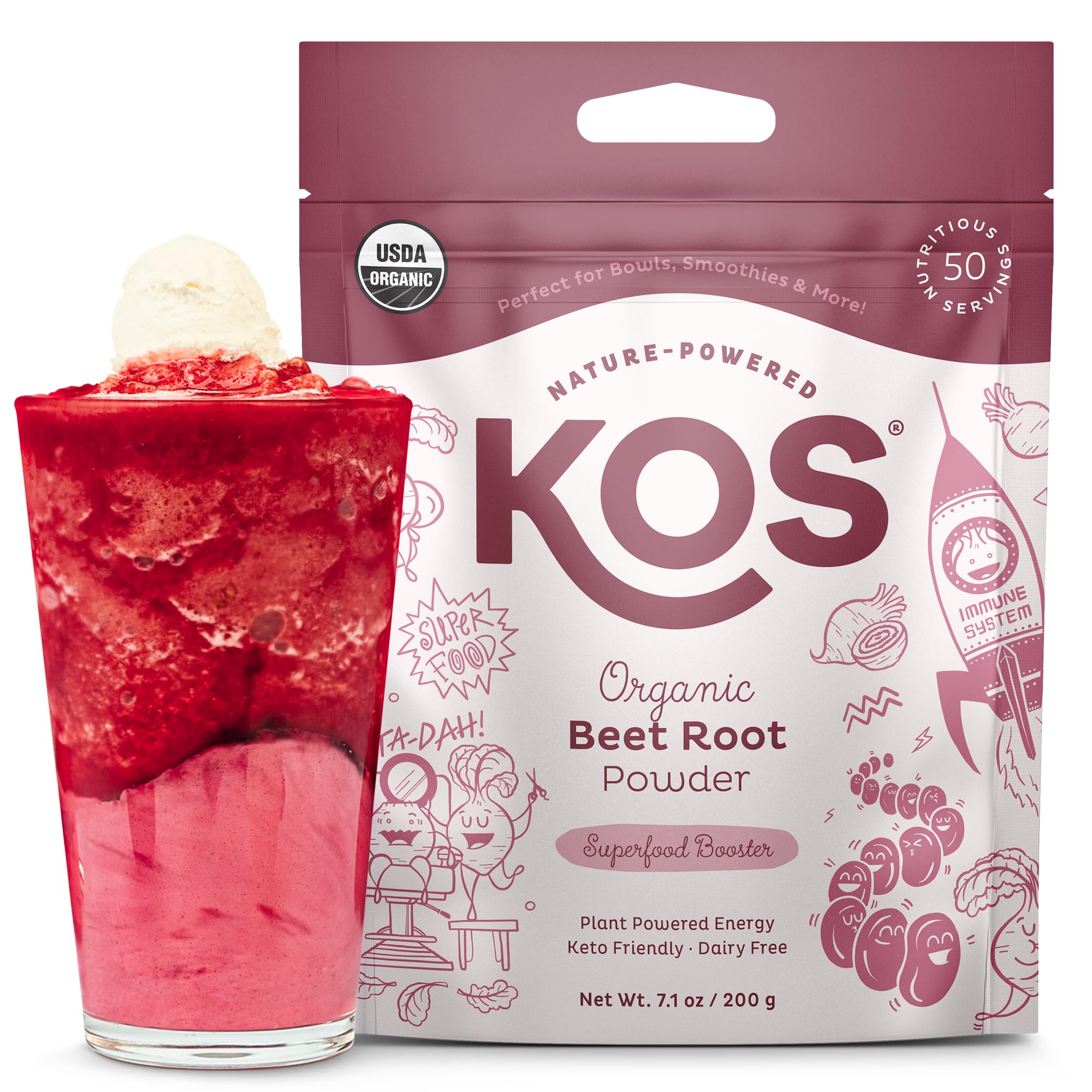KOS Organic Beet Root Powder, USDA Certified - Superfood Plant Based Beetroot Ingredient for Stamina Increasing, Circulation - Non-GMO, Soy & Gluten-Free, 50 Servings Bag - Maple Wellness Supplements