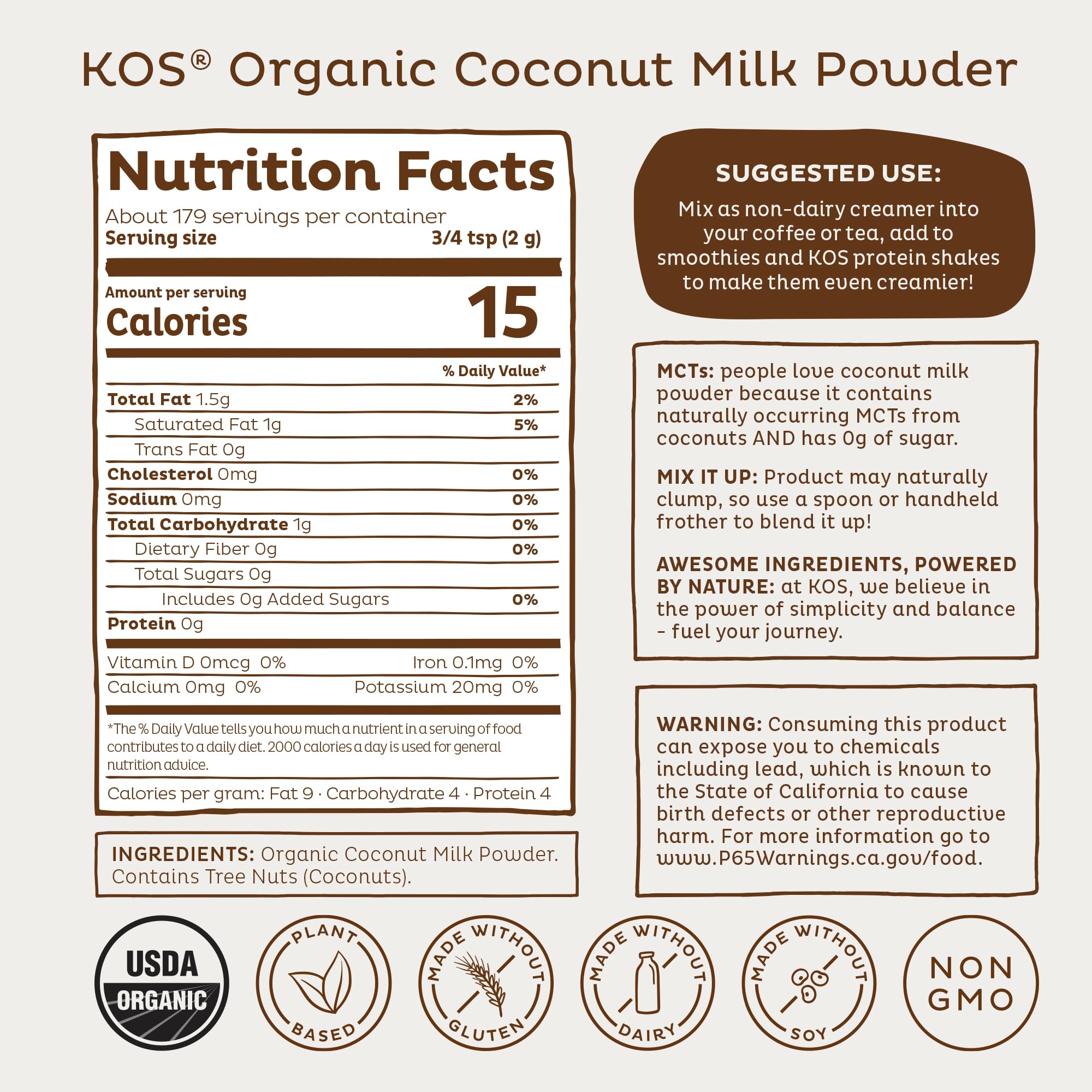 KOS Organic Coconut Milk Powder, USDA Certified Organic - 0g Sugar, MCT Plant Based Creamer for Coffee, Smoothies, Vegan, Keto, Paleo Friendly, Non-GMO, Gluten or Dairy- 12.6oz, 179 Servings - Maple Wellness Supplements