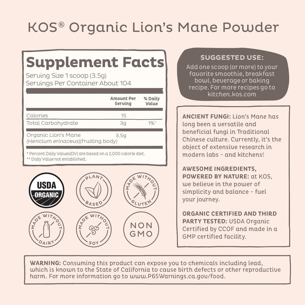 KOS Organic Lion's Mane Powder - Natural Nootropic Superfood - Vegan Functional Mushroom, Plant Based, USDA Certified, Non-GMO, Soy & Gluten-Free - 104 Servings - Maple Wellness Supplements