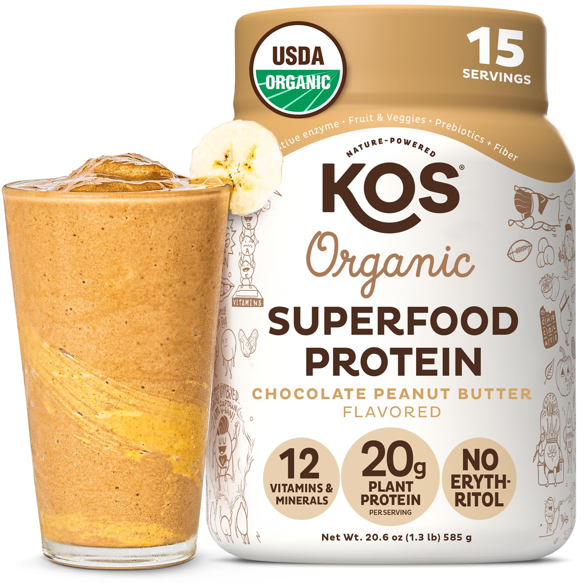 KOS Organic Plant Based Protein Powder, Chocolate Peanut Butter - Delicious Vegan Protein Powder - Keto Friendly, Gluten Free, Dairy Free & Soy Free - 15 Servings - Maple Wellness Supplements