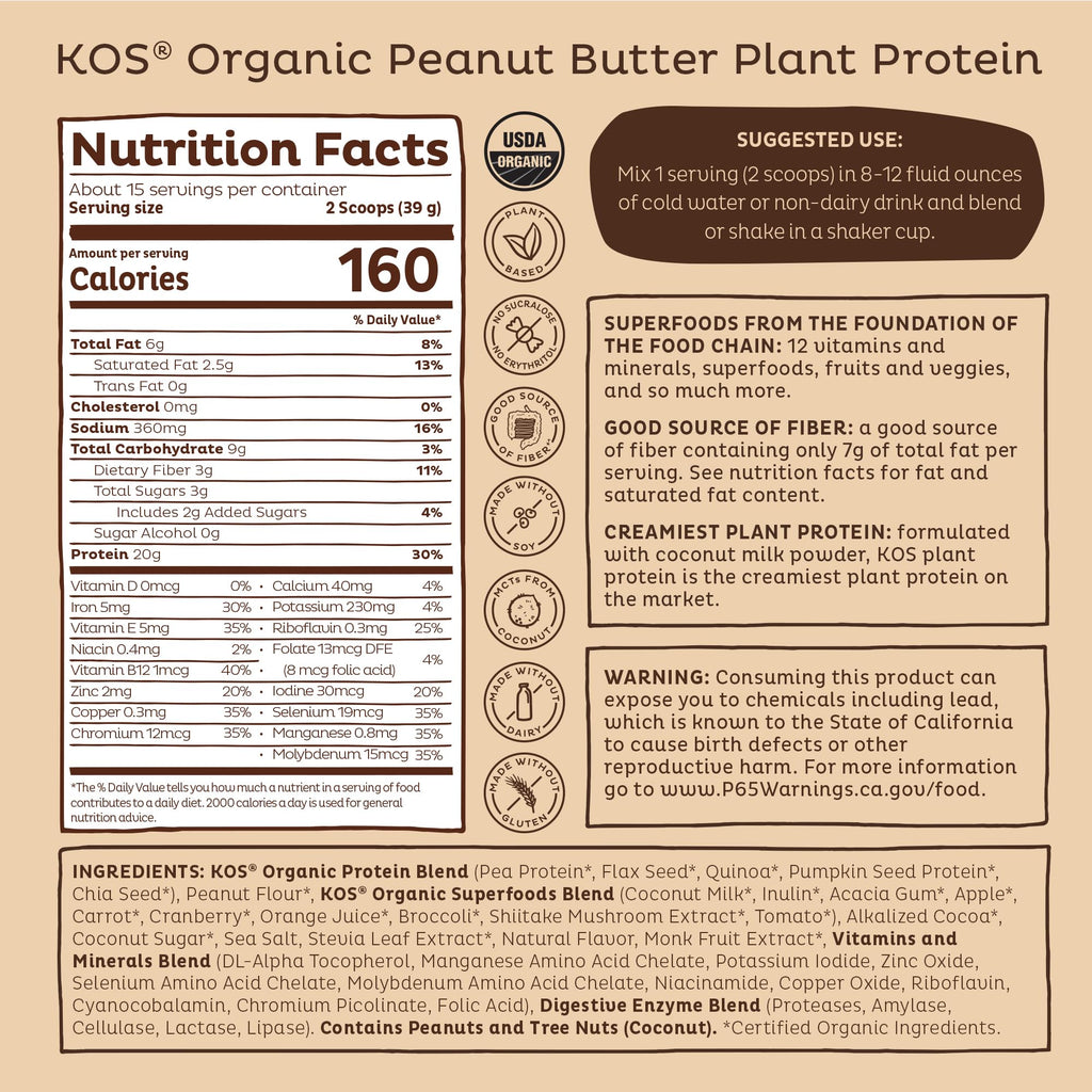KOS Organic Plant Based Protein Powder, Chocolate Peanut Butter - Delicious Vegan Protein Powder - Keto Friendly, Gluten Free, Dairy Free & Soy Free - 15 Servings - Maple Wellness Supplements