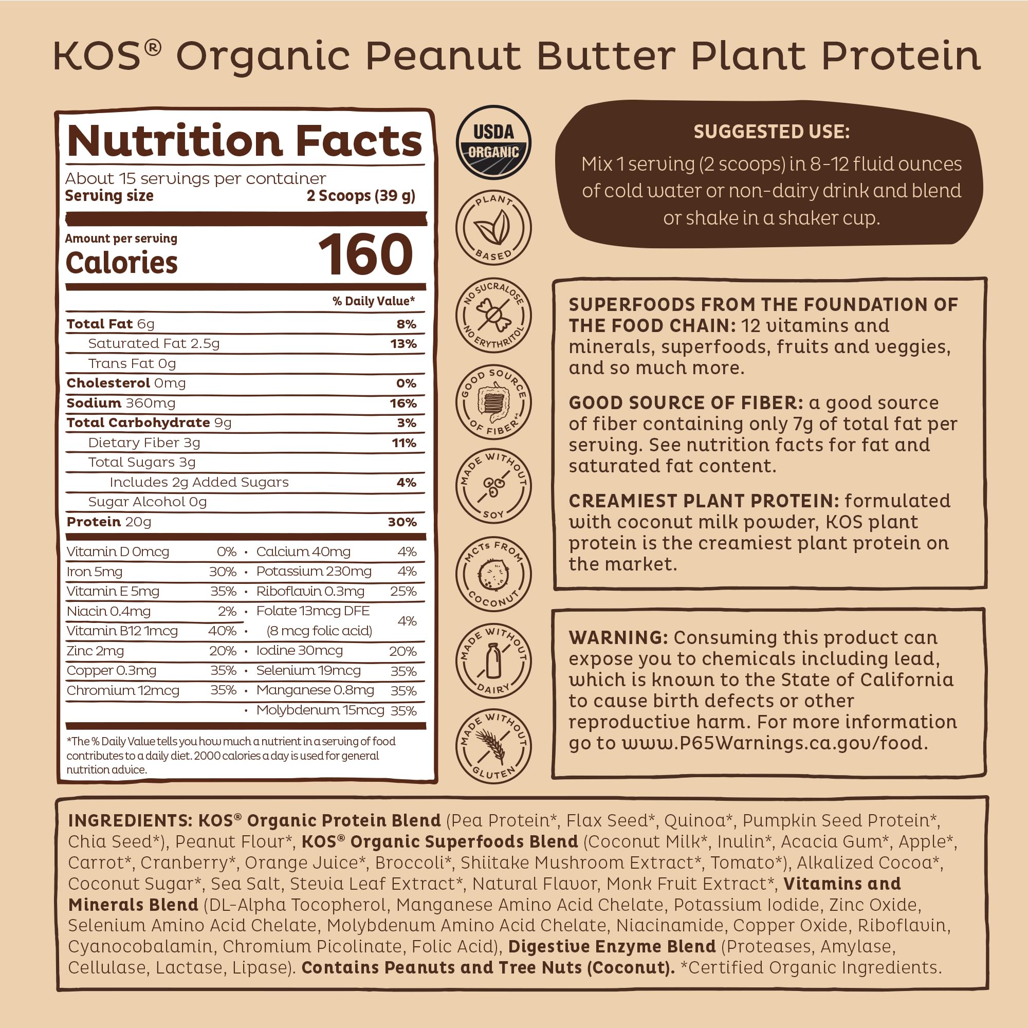 KOS Organic Plant Based Protein Powder, Chocolate Peanut Butter - Delicious Vegan Protein Powder - Keto Friendly, Gluten Free, Dairy Free & Soy Free - 15 Servings - Maple Wellness Supplements