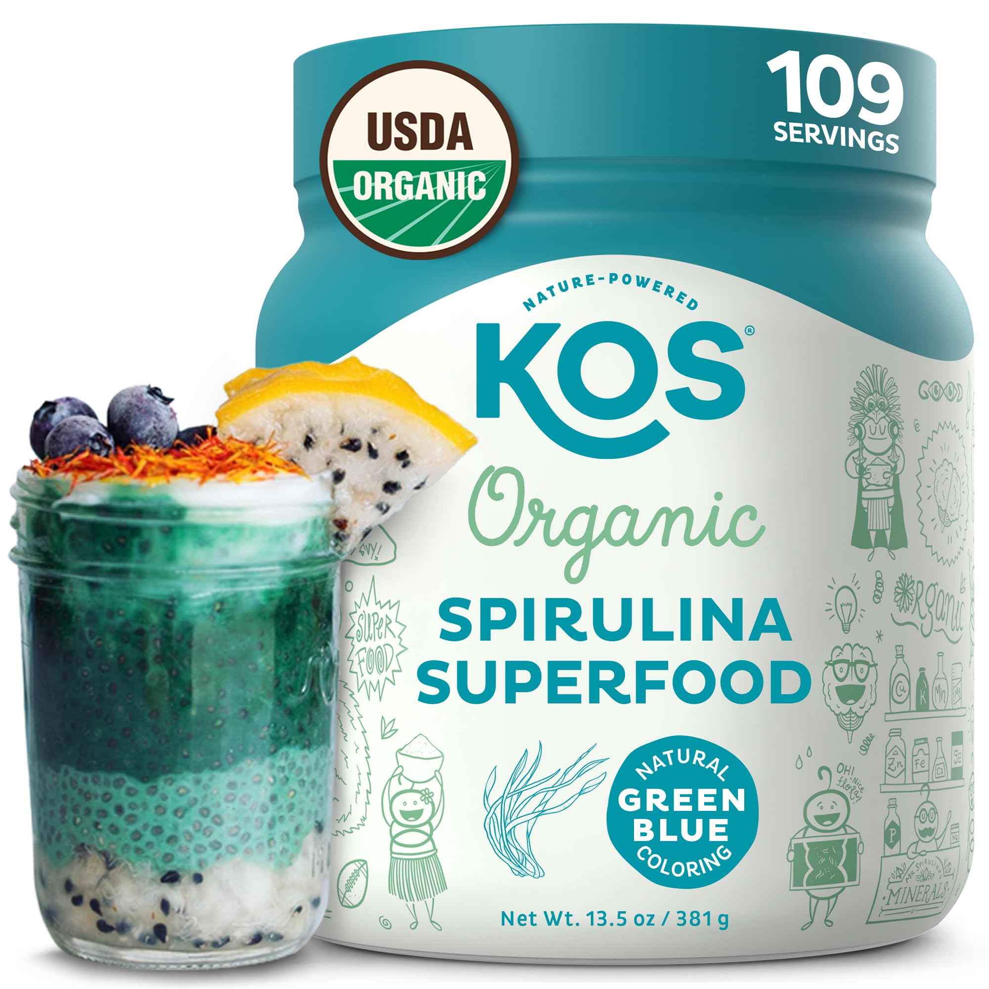 KOS Organic Spirulina Powder - USDA Certified Organic, 109 Servings of Superfood Powder for Smoothies & Juices, Non-Irradiated Blue Green Algae, Plant Based with Antioxidants, Vegan (13.5oz) - Maple Wellness Supplements