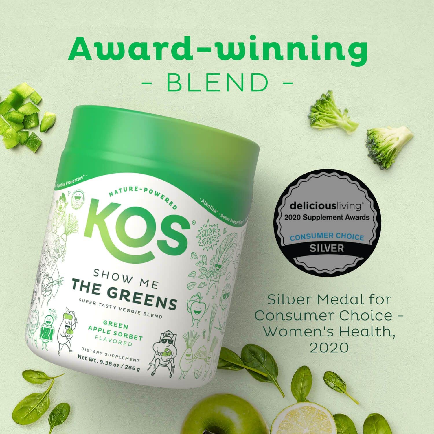 KOS Organic Super Greens Powder Erythritol Free - Plant Based Superfood Blend with Spirulina, Chlorella & Wheatgrass - USDA Certified Organic, Green Juice Smoothie - Apple Flavor - 28 Servings - Maple Wellness Supplements