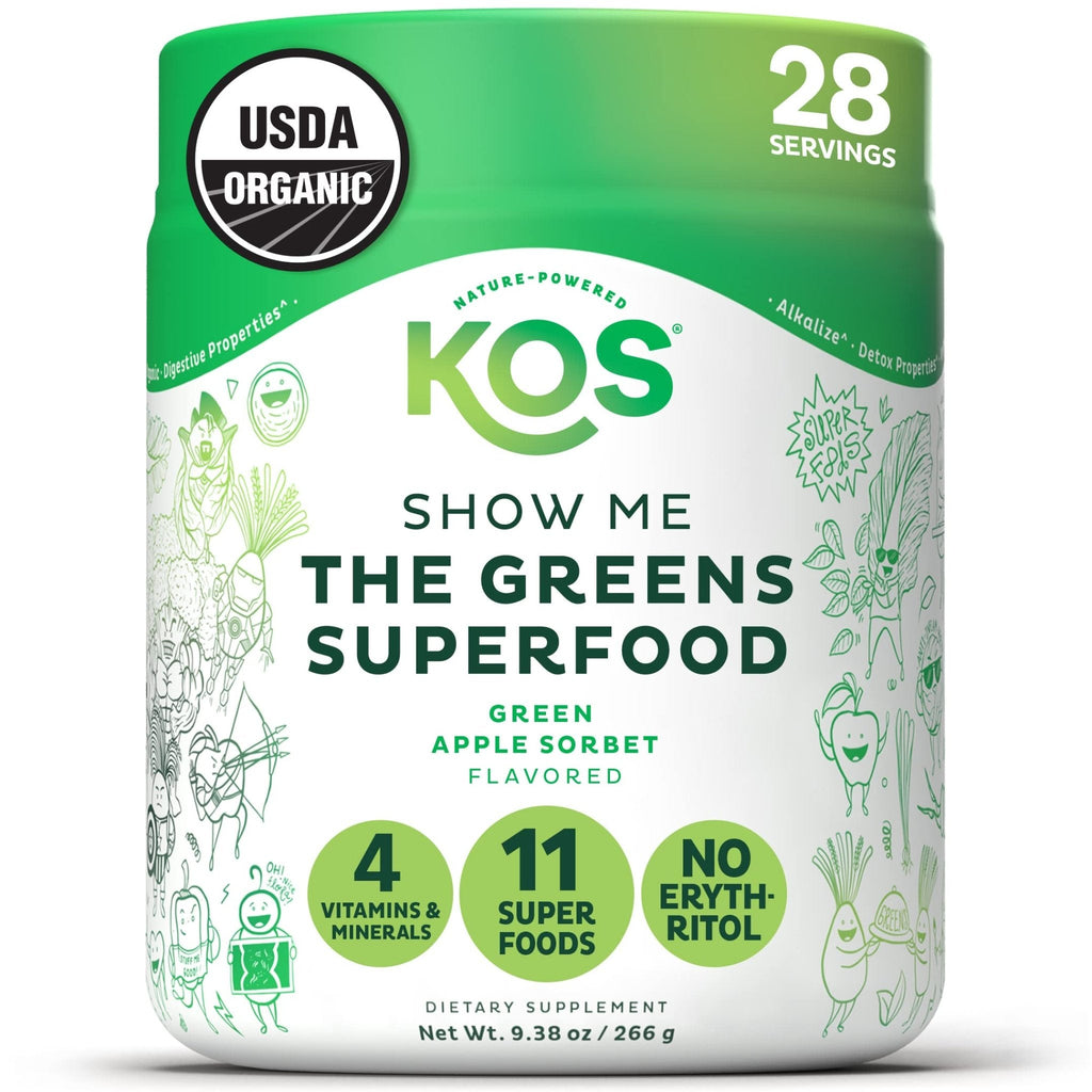 KOS Organic Super Greens Powder Erythritol Free - Plant Based Superfood Blend with Spirulina, Chlorella & Wheatgrass - USDA Certified Organic, Green Juice Smoothie - Apple Flavor - 28 Servings - Maple Wellness Supplements