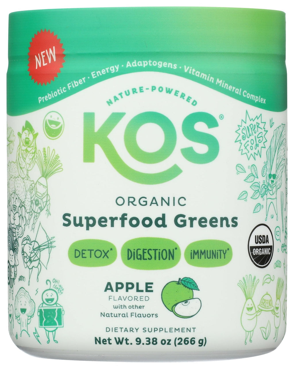 KOS Organic Super Greens Powder Erythritol Free - Plant Based Superfood Blend with Spirulina, Chlorella & Wheatgrass - USDA Certified Organic, Green Juice Smoothie - Apple Flavor - 28 Servings - Maple Wellness Supplements