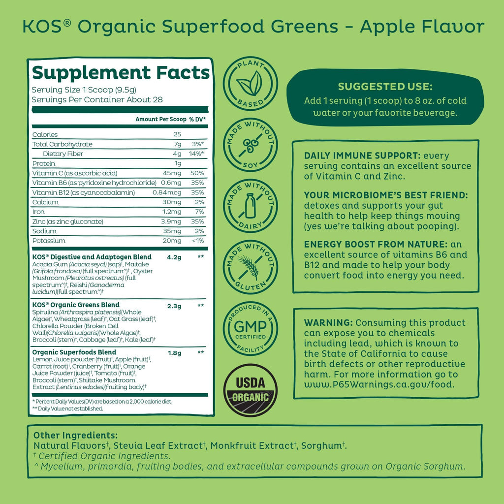 KOS Organic Super Greens Powder Erythritol Free - Plant Based Superfood Blend with Spirulina, Chlorella & Wheatgrass - USDA Certified Organic, Green Juice Smoothie - Apple Flavor - 28 Servings - Maple Wellness Supplements