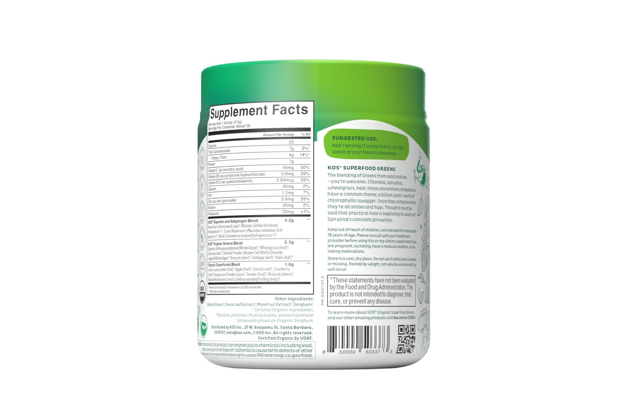 KOS Organic Super Greens Powder Erythritol Free - Plant Based Superfood Blend with Spirulina, Chlorella & Wheatgrass - USDA Certified Organic, Green Juice Smoothie - Apple Flavor - 28 Servings - Maple Wellness Supplements