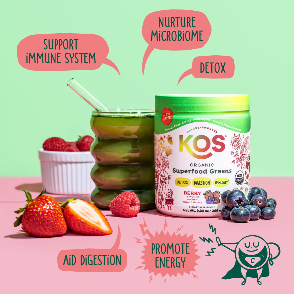 KOS Organic Superfood Greens Powder - Gut Health from Prebiotic Fiber, Supergreens and Adaptogens - USDA Certified Organic, Made in a GMP Certified Facility - 28 Servings Berry - Maple Wellness Supplements