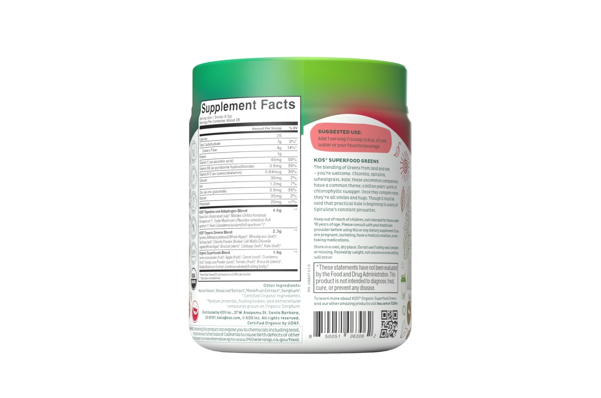 KOS Organic Superfood Greens Powder - Gut Health from Prebiotic Fiber, Supergreens and Adaptogens - USDA Certified Organic, Made in a GMP Certified Facility - 28 Servings Berry - Maple Wellness Supplements