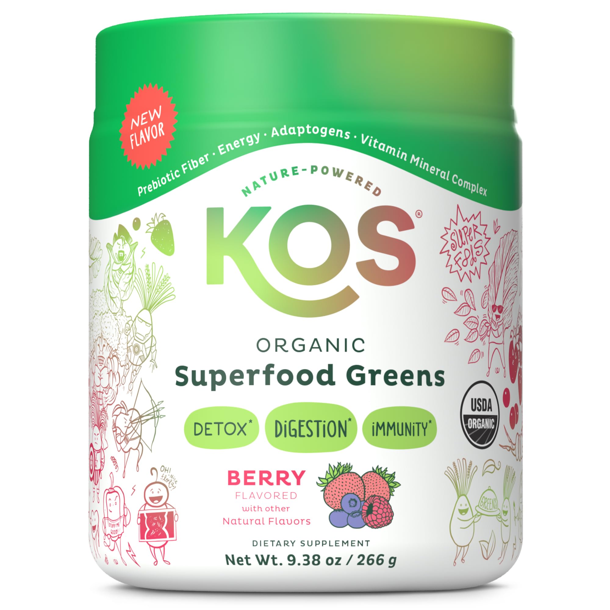 KOS Organic Superfood Greens Powder - Gut Health from Prebiotic Fiber, Supergreens and Adaptogens - USDA Certified Organic, Made in a GMP Certified Facility - 28 Servings Berry - Maple Wellness Supplements