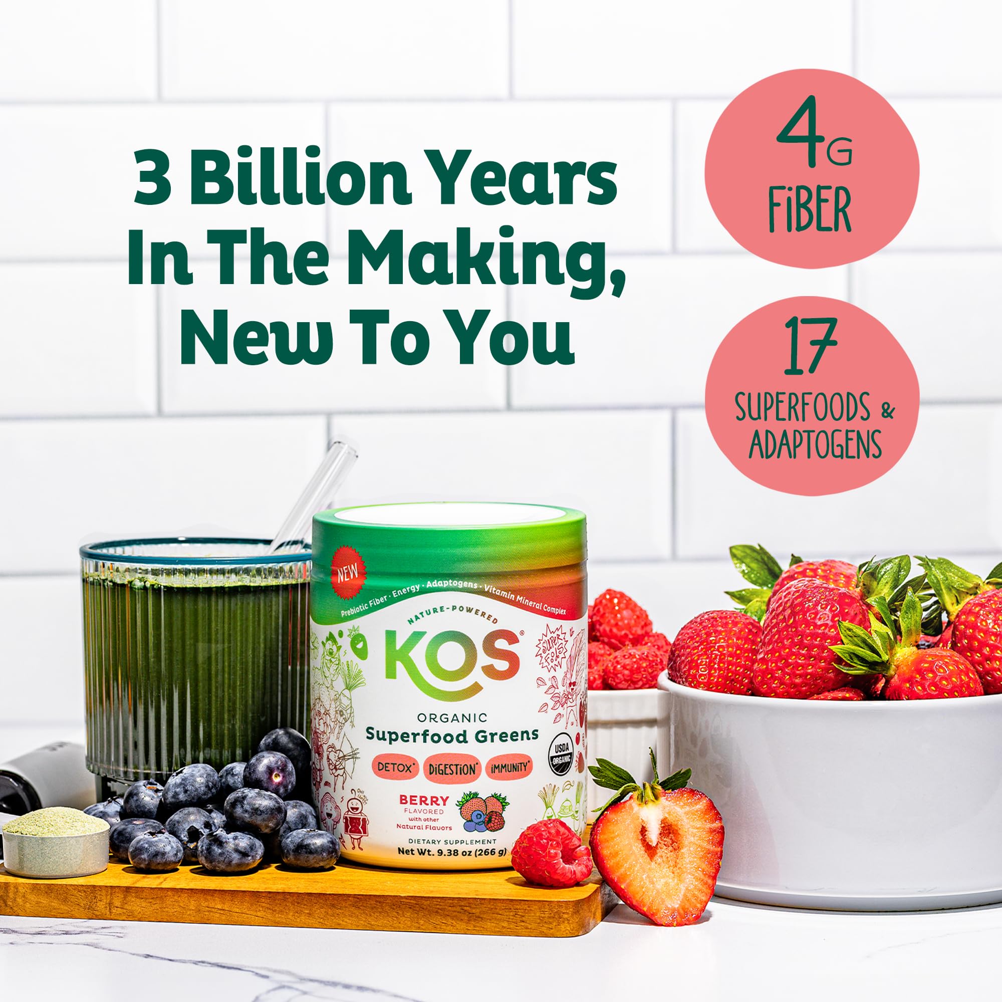 KOS Organic Superfood Greens Powder - Gut Health from Prebiotic Fiber, Supergreens and Adaptogens - USDA Certified Organic, Made in a GMP Certified Facility - 28 Servings Berry - Maple Wellness Supplements