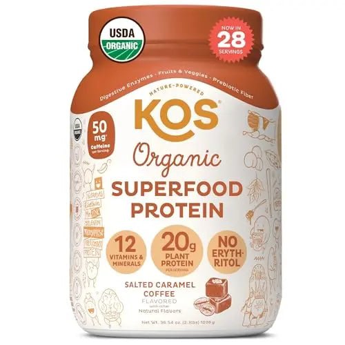 KOS Organic Vegan Protein Powder with 50mg Caffeine, Salted Caramel Coffee - TrustMedUSA