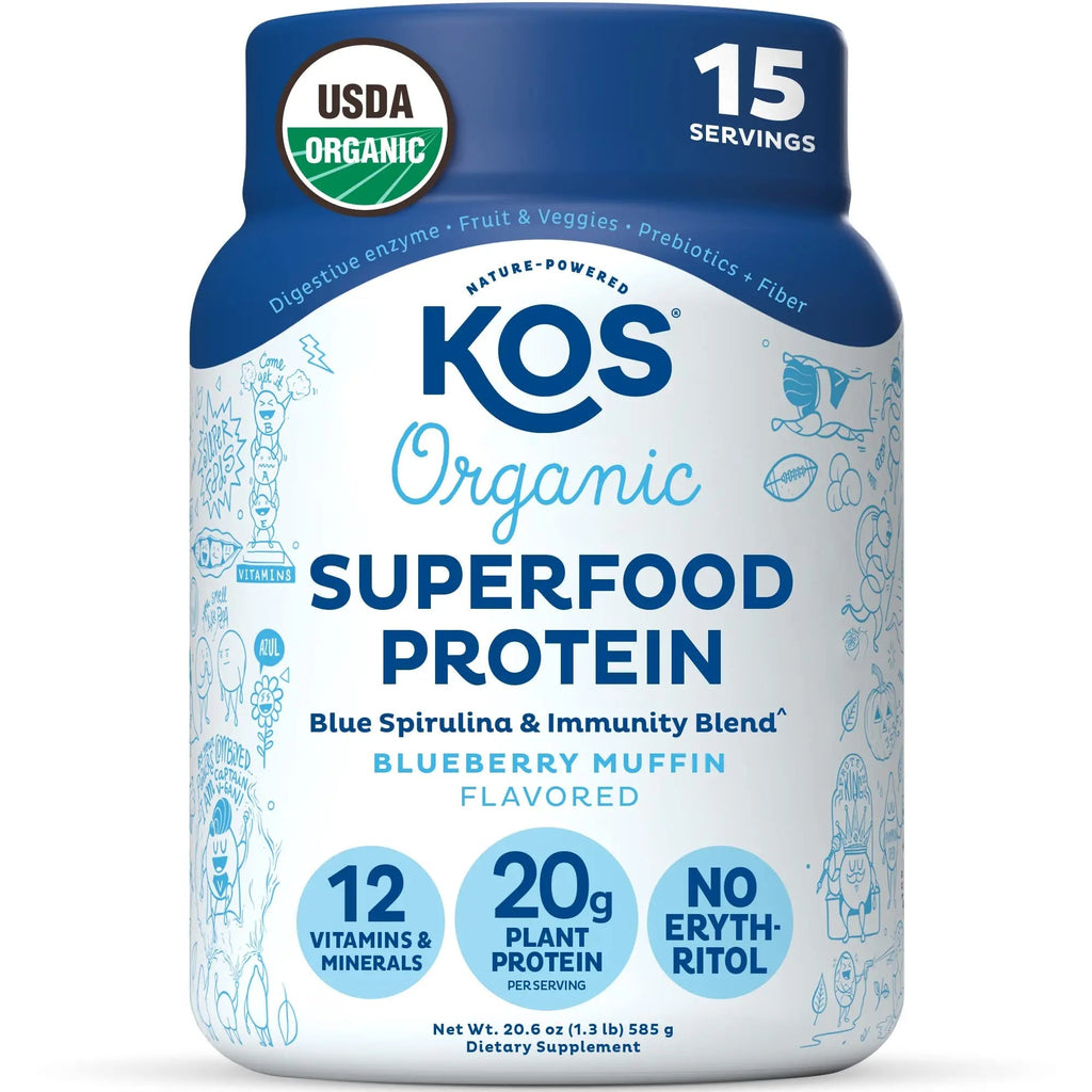 KOS Plant Based Protein Powder, Blueberry Muffin - Organic Pea Protein Superfood - TrustMedUSA