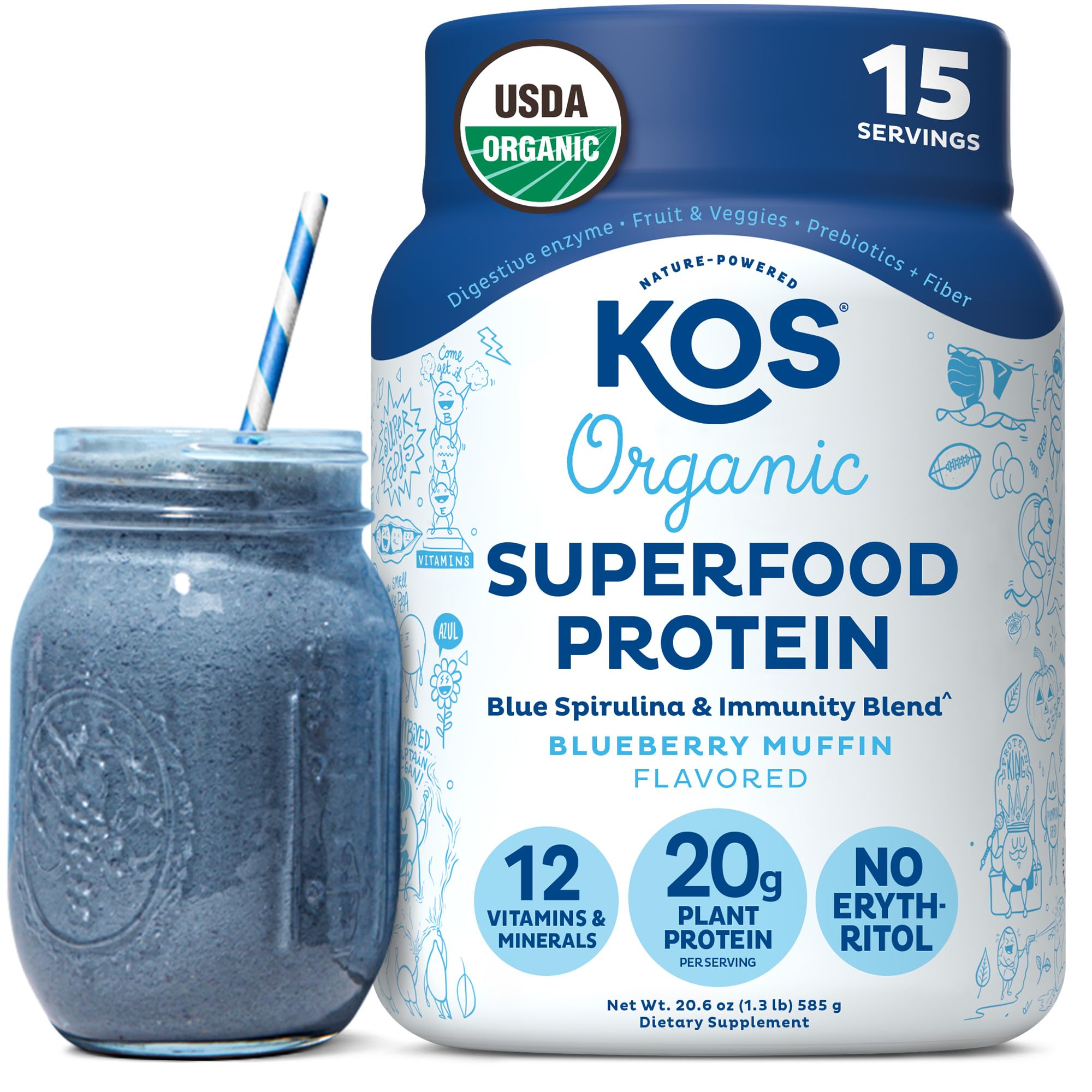 KOS Plant Based Protein Powder, Blueberry Muffin - Organic Pea Protein Superfood with Spirulina and Immune Support Blend. Soy, Gluten, Dairy Free - Vegan Meal Replacement for Women & Men - 15 Servings - Maple Wellness Supplements