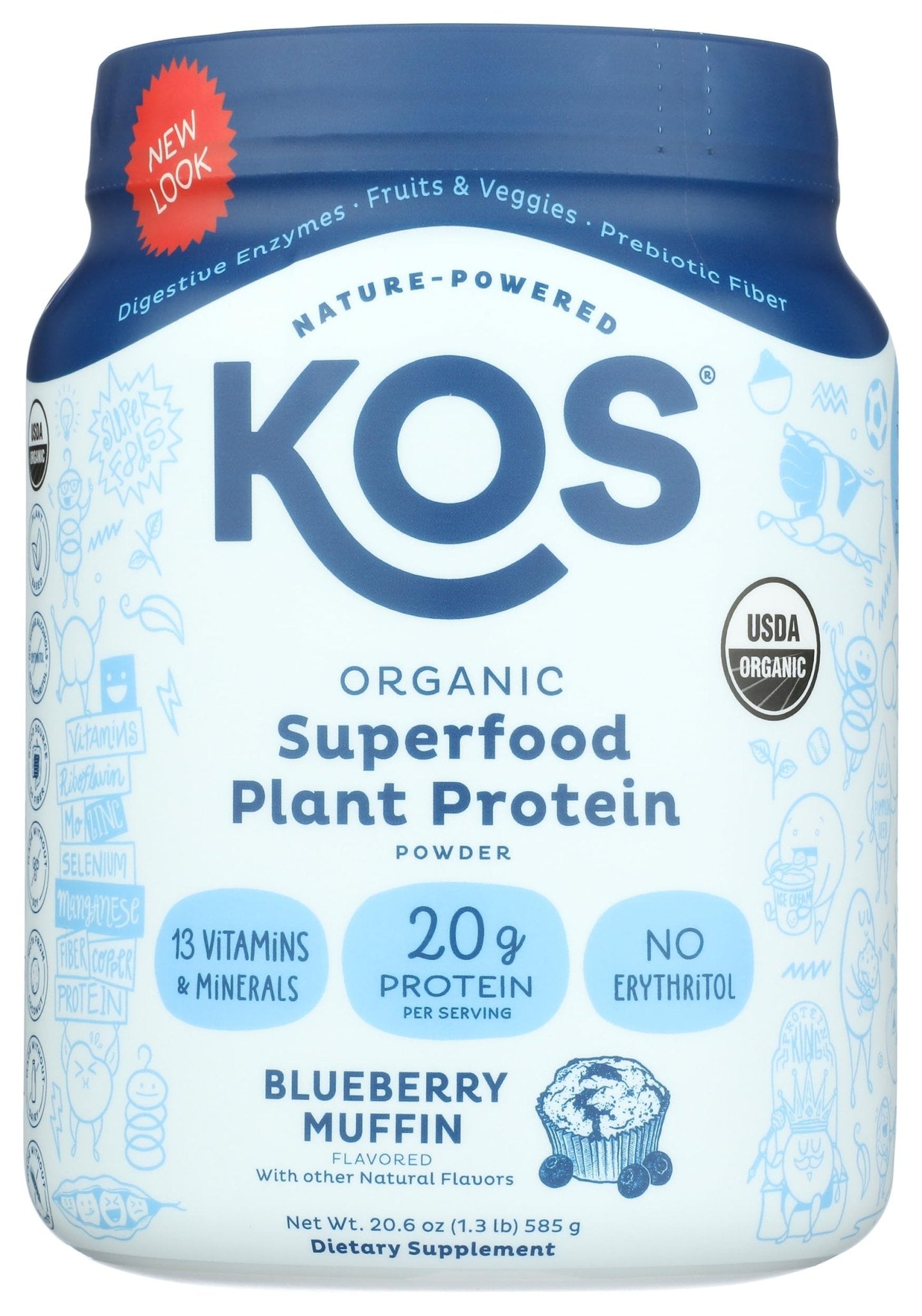KOS Plant Based Protein Powder, Blueberry Muffin - Organic Pea Protein Superfood with Spirulina and Immune Support Blend. Soy, Gluten, Dairy Free - Vegan Meal Replacement for Women & Men - 15 Servings - Maple Wellness Supplements