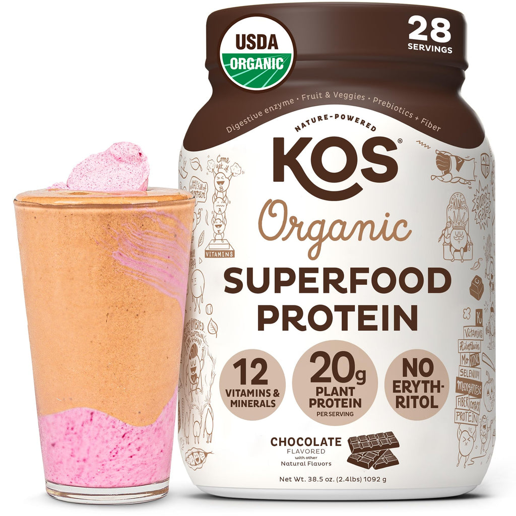 KOS Vegan Protein Powder Erythritol Free, Chocolate - Organic Pea Protein Blend, Plant Based Superfood Rich in Vitamins & Minerals - Keto, Dairy Free - Meal Replacement for Women & Men, 28 Servings - Maple Wellness Supplements