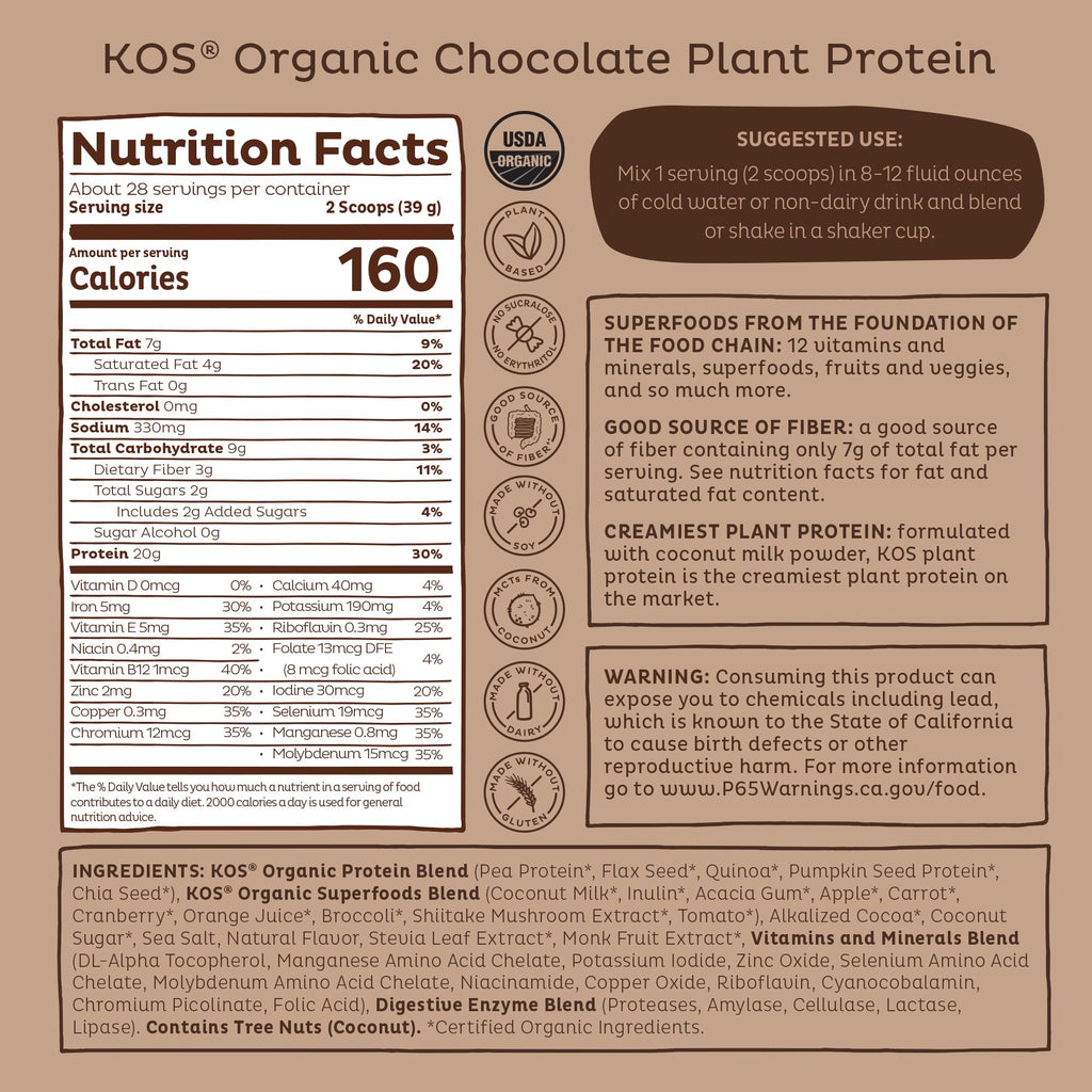 KOS Vegan Protein Powder Erythritol Free, Chocolate - Organic Pea Protein Blend, Plant Based Superfood Rich in Vitamins & Minerals - Keto, Dairy Free - Meal Replacement for Women & Men, 28 Servings - Maple Wellness Supplements
