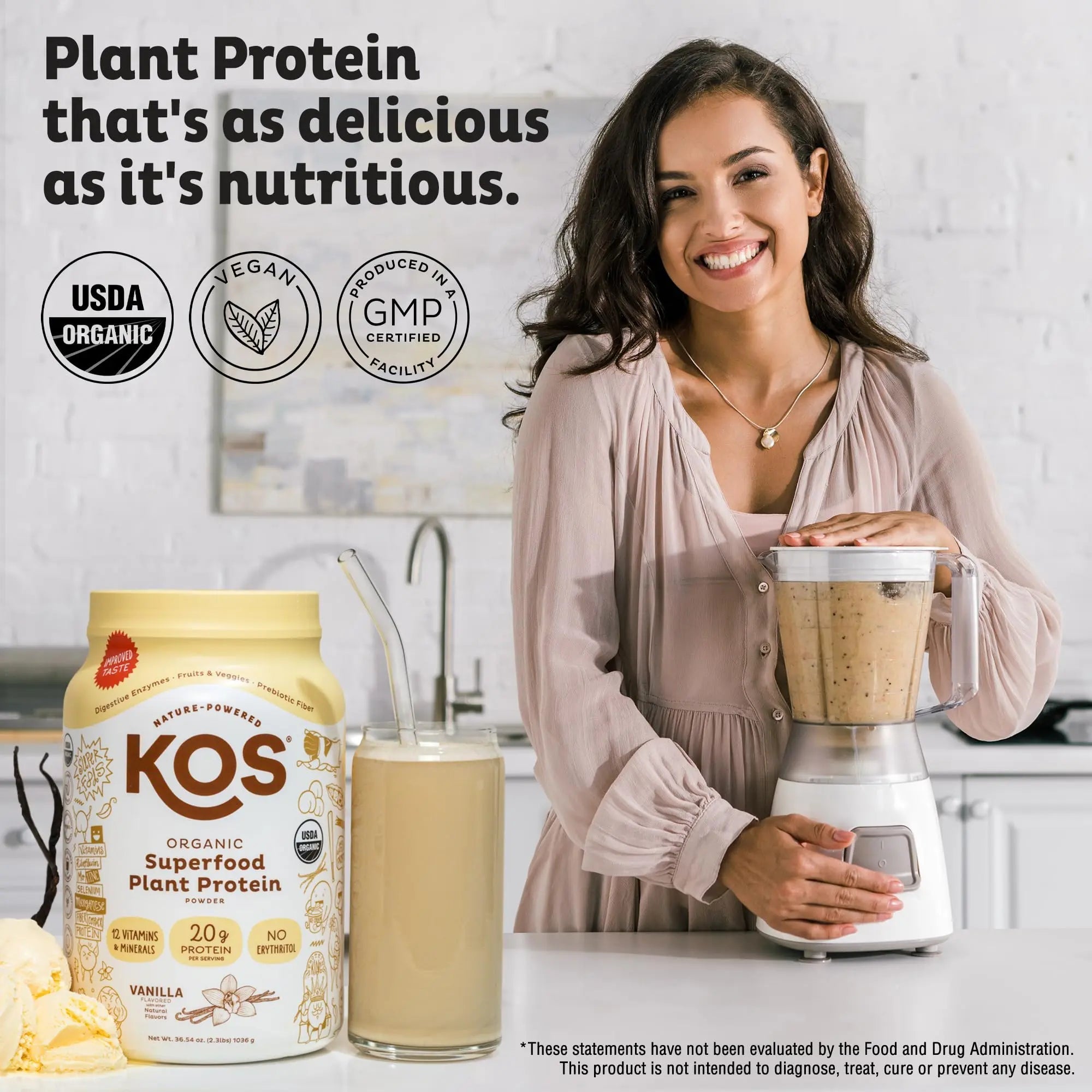KOS Vegan Protein Powder Erythritol Free, Vanilla USDA Organic - Pea Protein Blend, Plant Based Superfood Rich in Vitamins & Minerals - Keto, Dairy Free - Meal Replacement for Women & Men, 28 Servings - TrustMedUSA