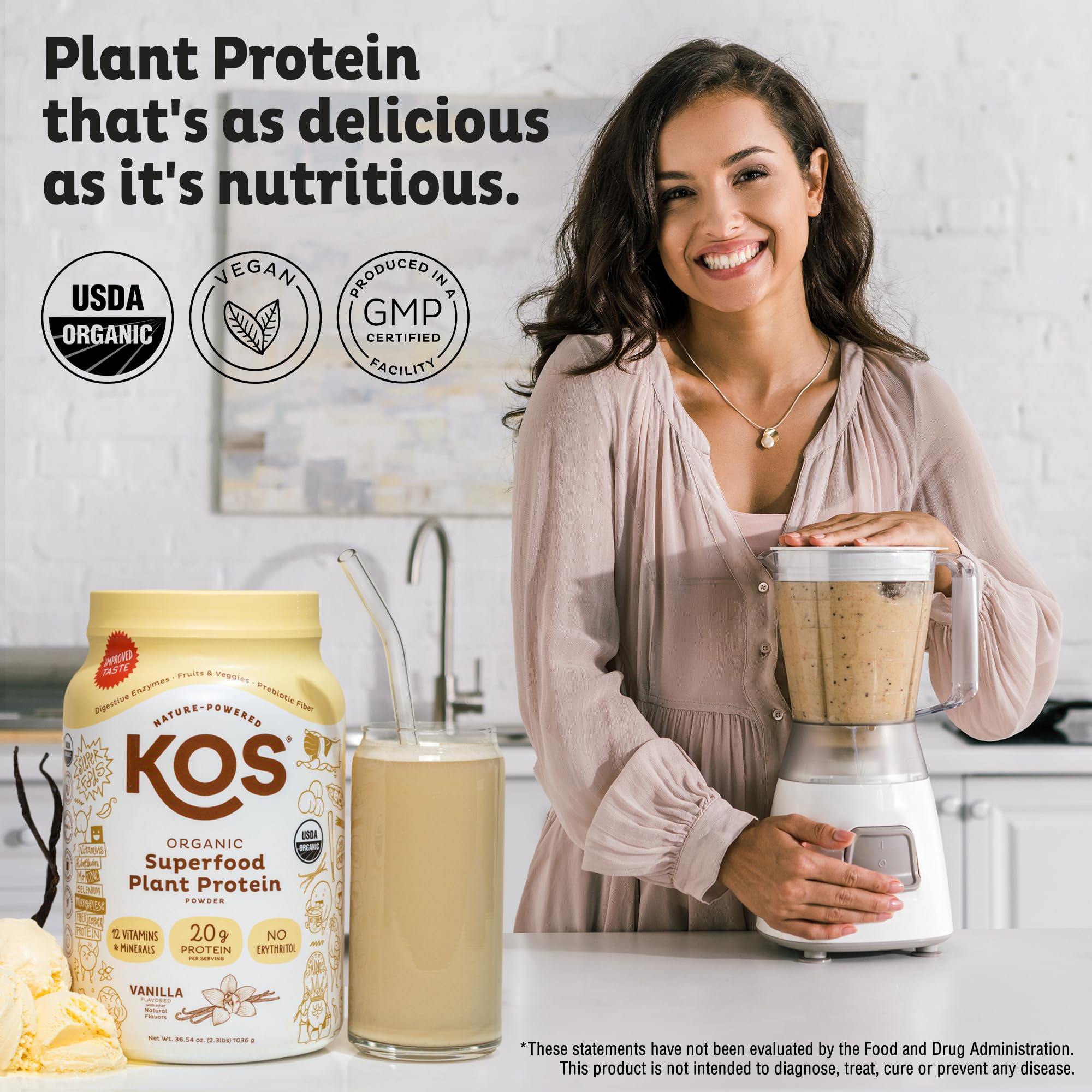 KOS Vegan Protein Powder Erythritol Free, Vanilla USDA Organic - Pea Protein Blend, Plant Based Superfood Rich in Vitamins & Minerals - Keto, Dairy Free - Meal Replacement for Women & Men, 28 Servings - Maple Wellness Supplements