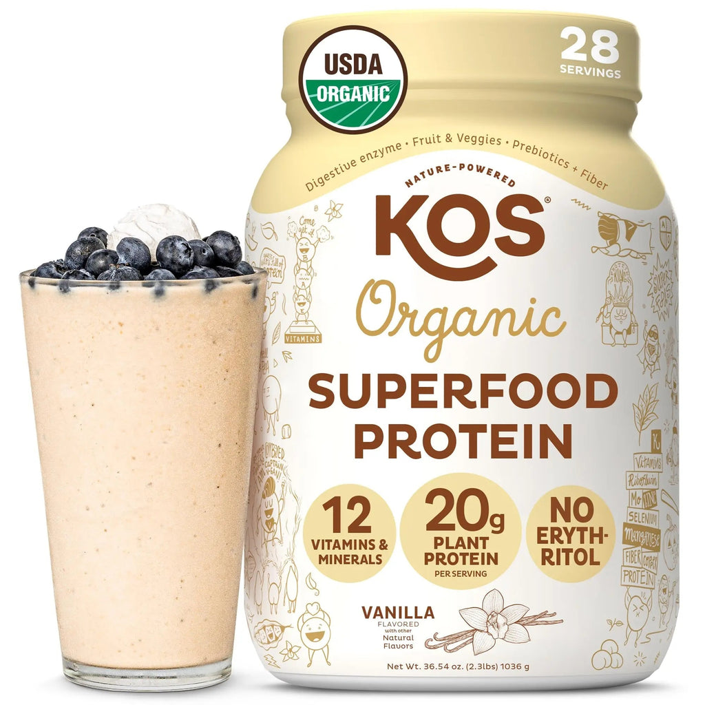 KOS Vegan Protein Powder Erythritol Free, Vanilla USDA Organic - Pea Protein Blend, Plant Based Superfood Rich in Vitamins & Minerals - Keto, Dairy Free - Meal Replacement for Women & Men, 28 Servings - TrustMedUSA