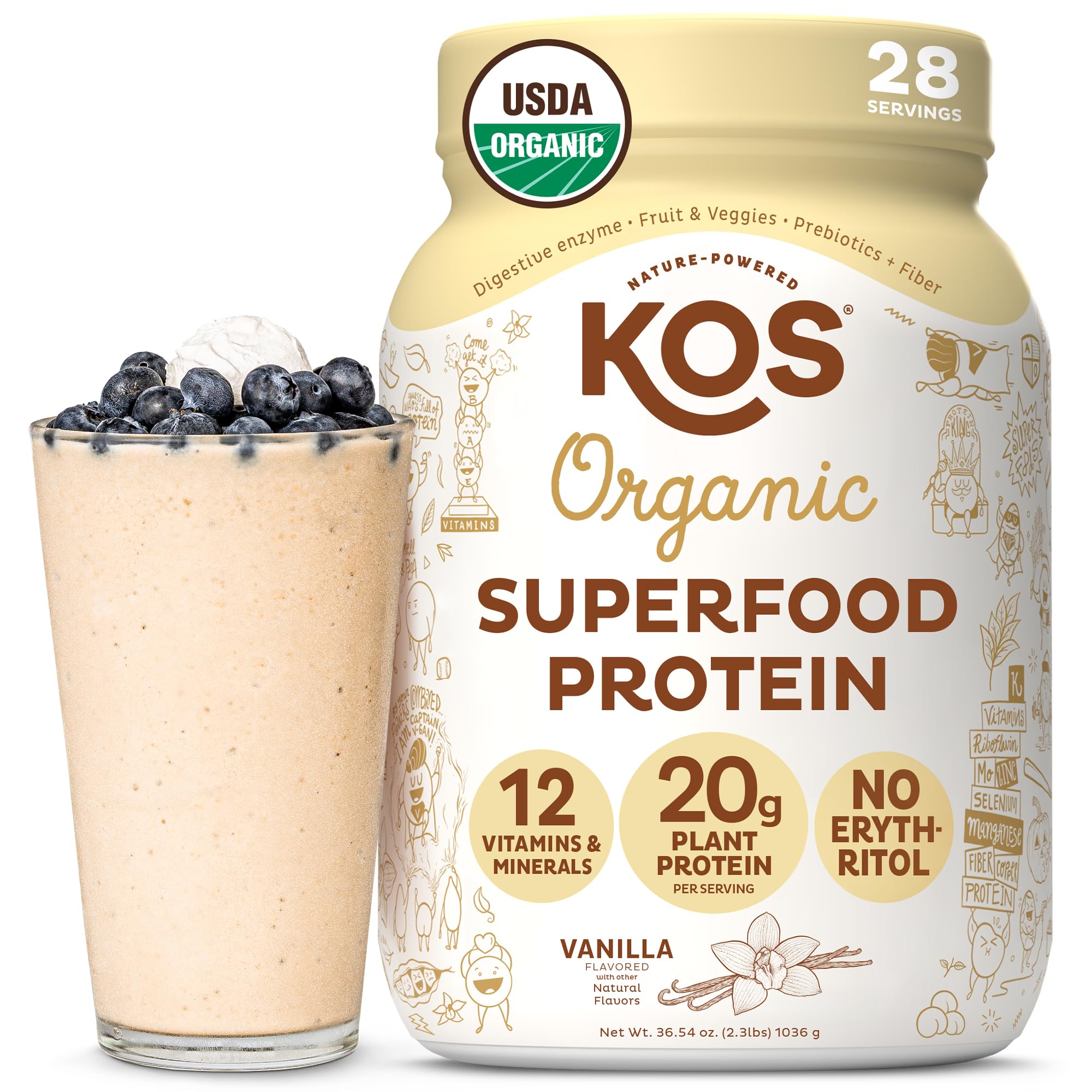 KOS Vegan Protein Powder Erythritol Free, Vanilla USDA Organic - Pea Protein Blend, Plant Based Superfood Rich in Vitamins & Minerals - Keto, Dairy Free - Meal Replacement for Women & Men, 28 Servings - Maple Wellness Supplements