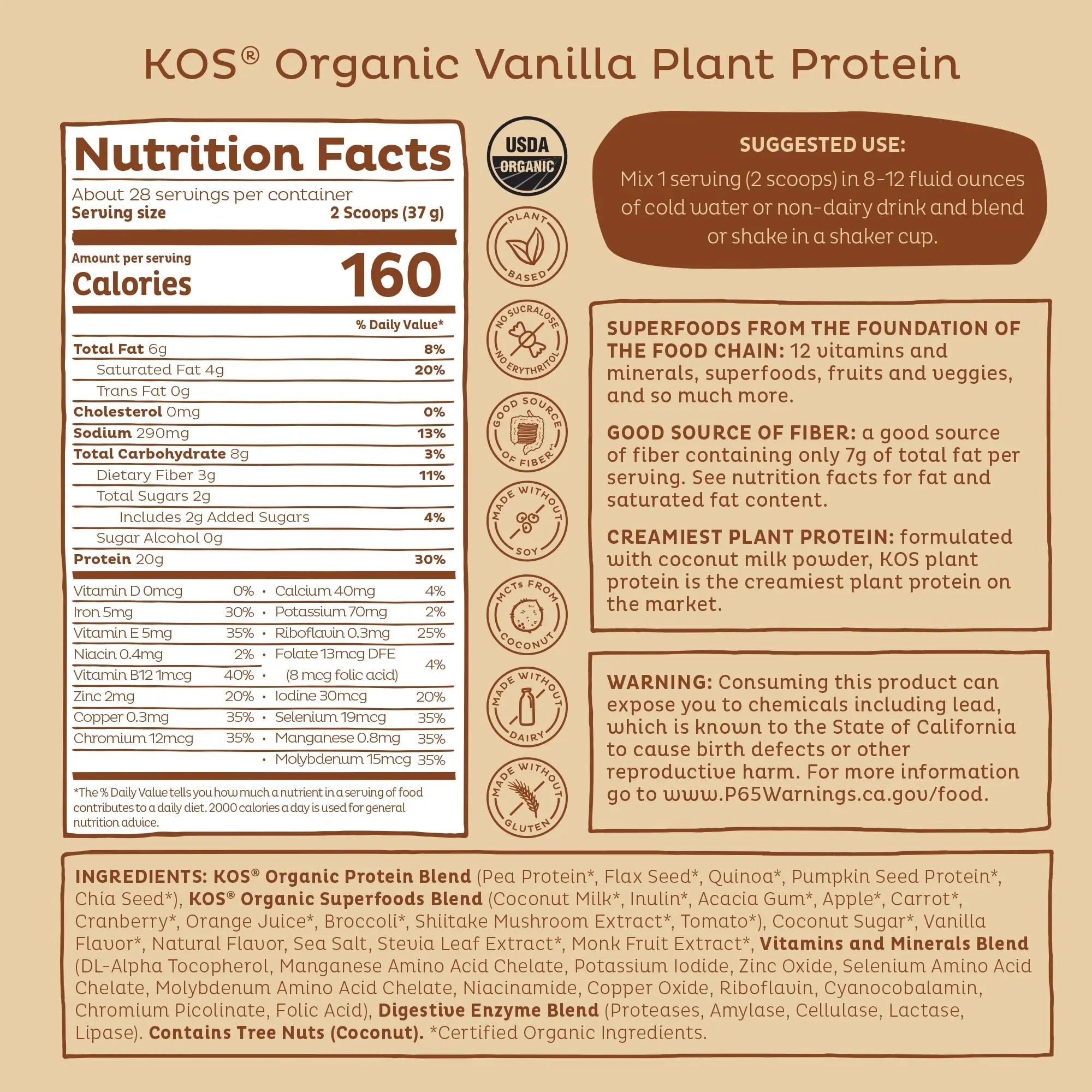 KOS Vegan Protein Powder Erythritol Free, Vanilla USDA Organic - Pea Protein Blend, Plant Based Superfood Rich in Vitamins & Minerals - Keto, Dairy Free - Meal Replacement for Women & Men, 28 Servings - TrustMedUSA