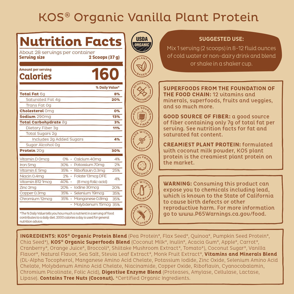 KOS Vegan Protein Powder Erythritol Free, Vanilla USDA Organic - Pea Protein Blend, Plant Based Superfood Rich in Vitamins & Minerals - Keto, Dairy Free - Meal Replacement for Women & Men, 28 Servings - Maple Wellness Supplements