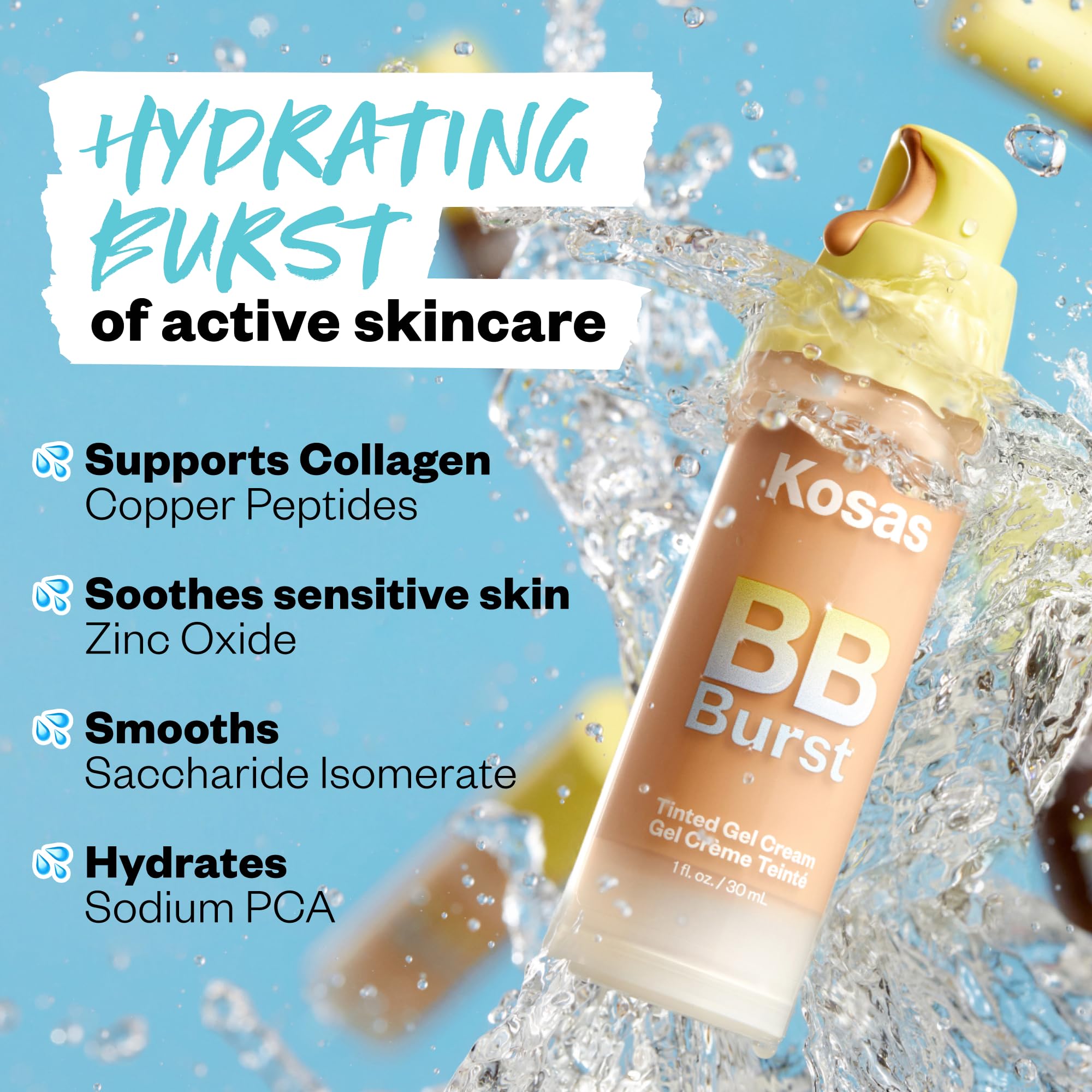 Kosas BB Burst Tinted Face Gel Cream - Supports Healthy Collagen, Smoothes Skin, Hydrates & Moisturizes - Lightweight Buildable Coverage - Light Medium Neutral 21, (1 Oz/30 ML) - TrustMedUSA