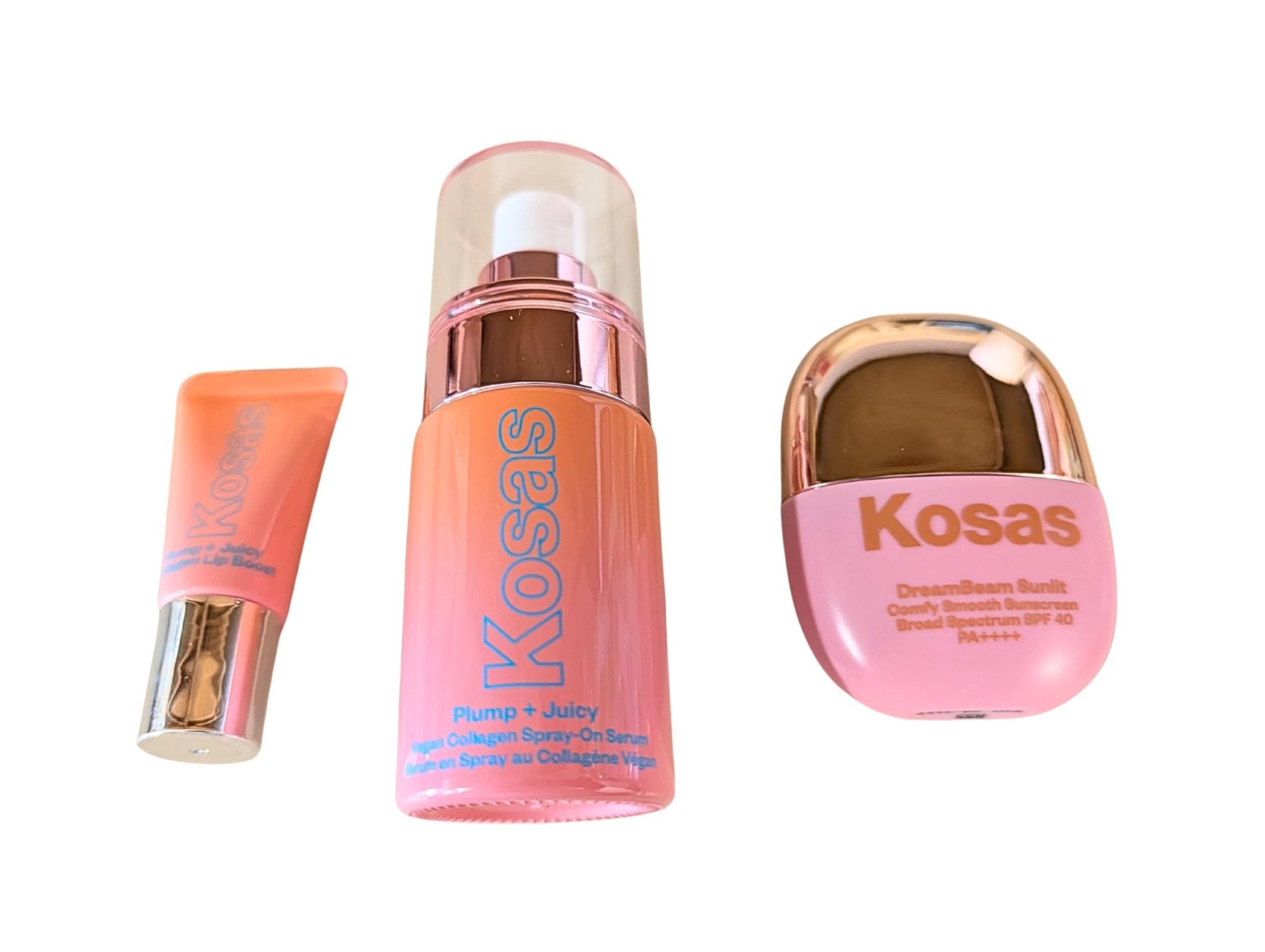 Kosas Plump + Juicy Makeup Prep Skincare Set – 3-Piece Mini Set with Collagen Spray-On Serum (1 oz), DreamBeam Sunlit SPF 40 PA++++ Sunscreen (0.5 oz), and Lip Booster (0.17 oz) - TrustMedUSA