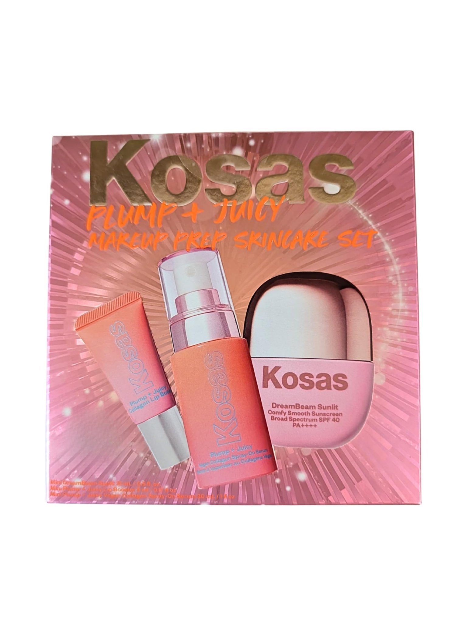 Kosas Plump + Juicy Makeup Prep Skincare Set – 3-Piece Mini Set with Collagen Spray-On Serum (1 oz), DreamBeam Sunlit SPF 40 PA++++ Sunscreen (0.5 oz), and Lip Booster (0.17 oz) - TrustMedUSA