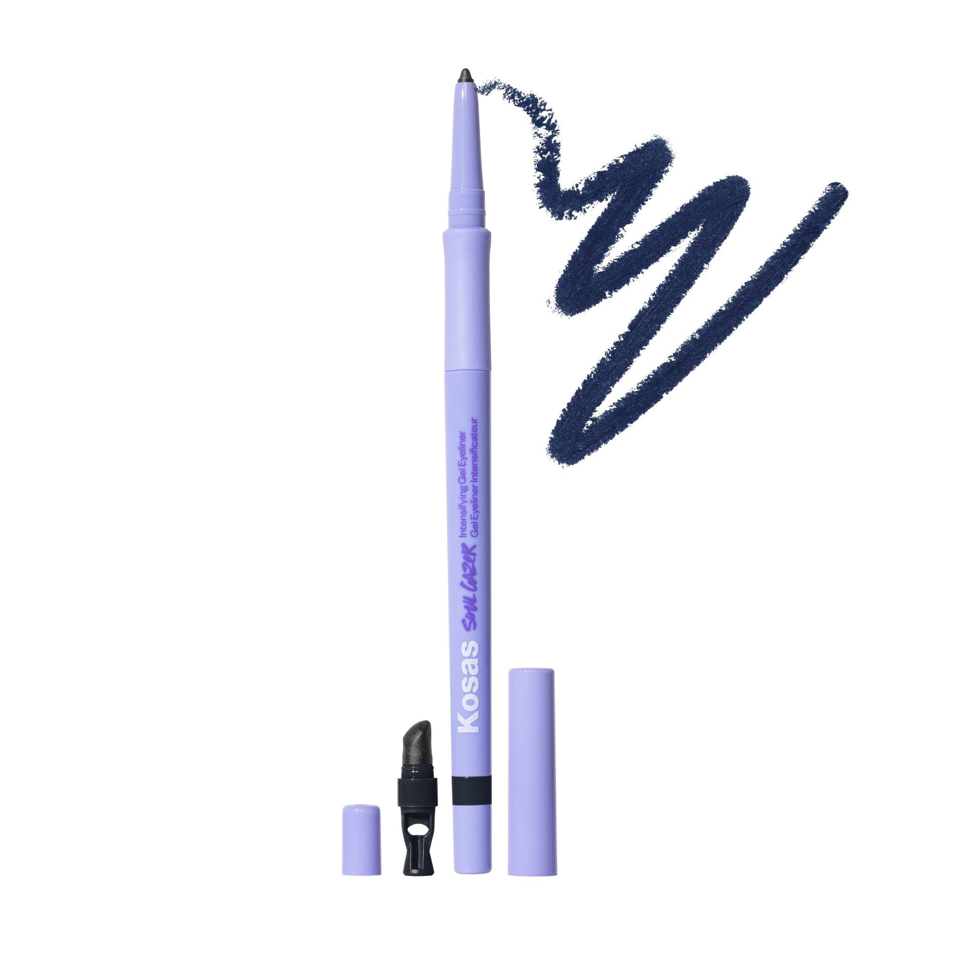Kosas Soulgazer Gel Eyeliner (Enigma) - Waterproof, Smudge-Proof Pen with Hyaluronic Acid - Retractable Eyeliner Pencil with Sharpener & Smudger, Long-Lasting - Blackened Blue Satin - TrustMedUSA