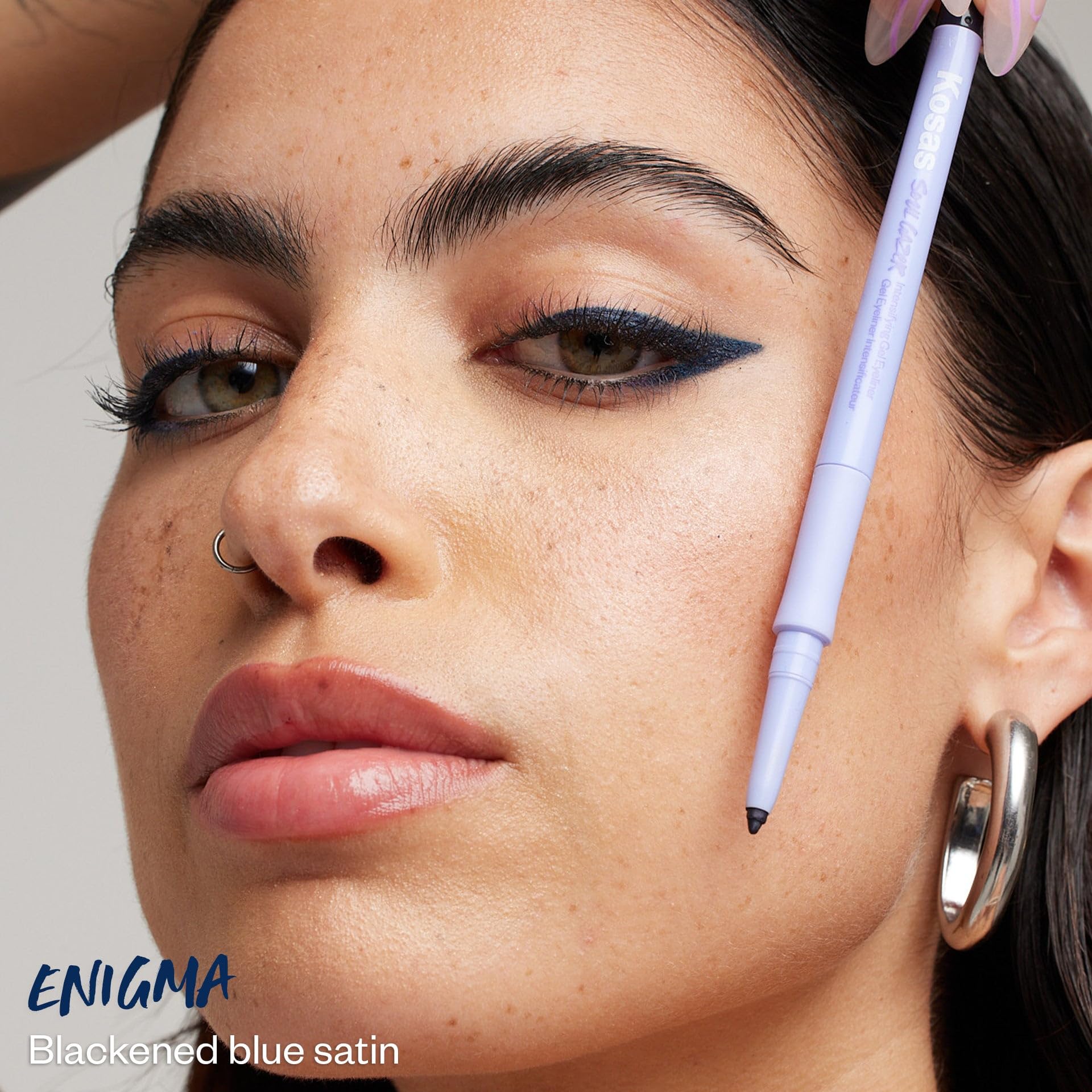Kosas Soulgazer Gel Eyeliner (Enigma) - Waterproof, Smudge-Proof Pen with Hyaluronic Acid - Retractable Eyeliner Pencil with Sharpener & Smudger, Long-Lasting - Blackened Blue Satin - TrustMedUSA