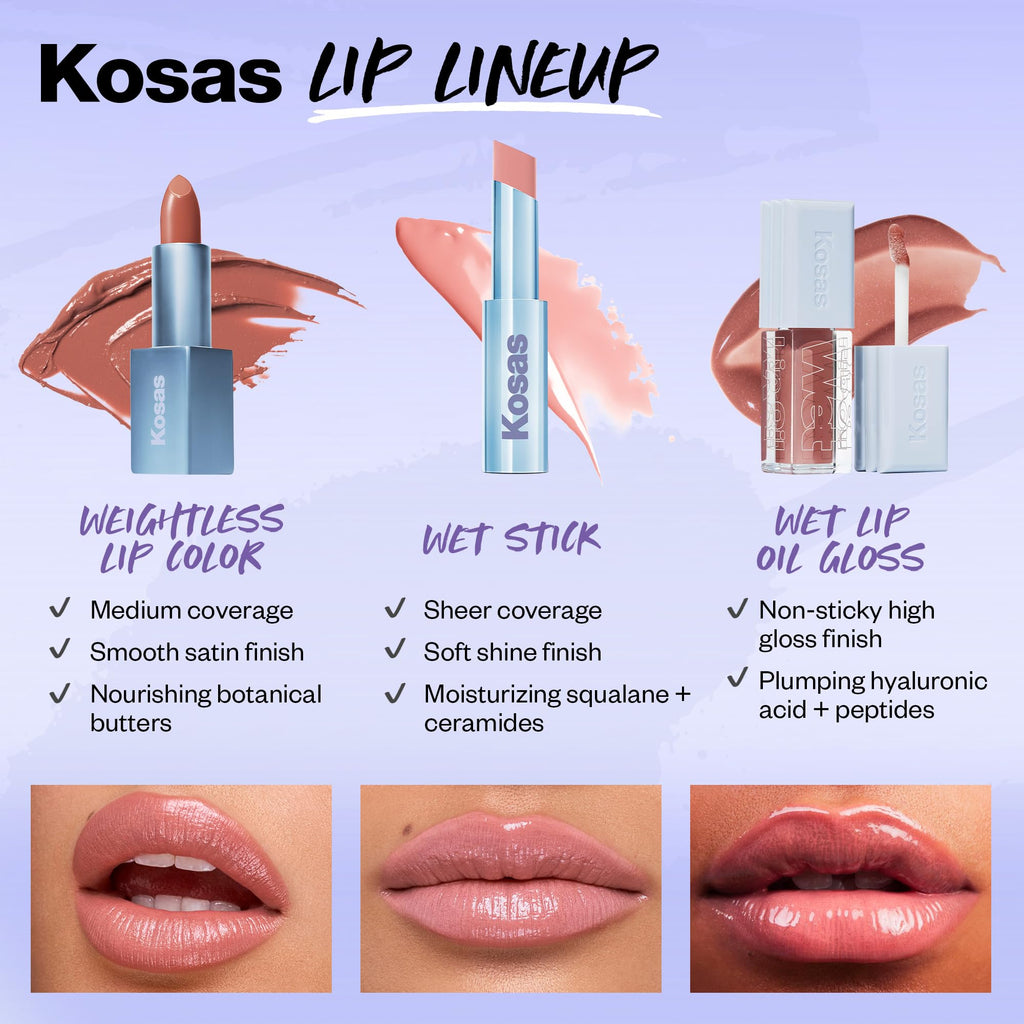 Kosas Wet Stick Moisturizing Shiny Sheer Lipstick with Ceramides, Hyaluronic acid, Peptides and Mango Butter - Soothes, Softens, and Moisturizes Lips – Malibu - TrustMedUSA