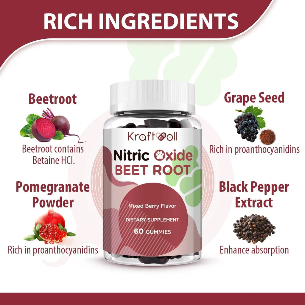 Kraftvoll Nitric Oxide Beet Root Gummies – Sugar-Free Beet Chewables, Mixed Berry Flavor with Grapeseed Powder, Pomegranate, Vitamin C & B12 – Nitric Oxide Supplements for Men – 60 Gummies (2 Bottles) - TrustMedUSA