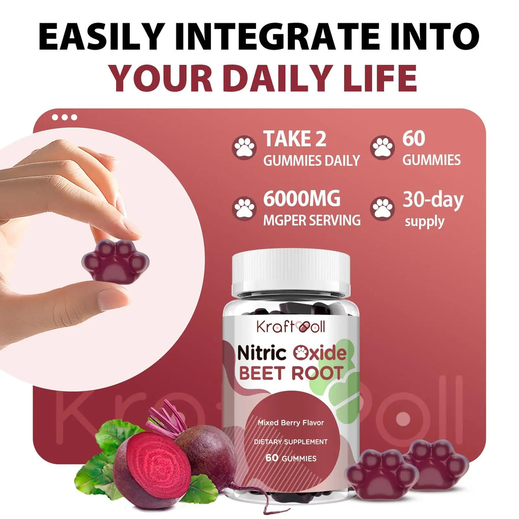 Kraftvoll Nitric Oxide Beet Root Gummies – Sugar-Free Beet Chewables, Mixed Berry Flavor with Grapeseed Powder, Pomegranate, Vitamin C & B12 – Nitric Oxide Supplements for Men – 60 Gummies (2 Bottles) - TrustMedUSA