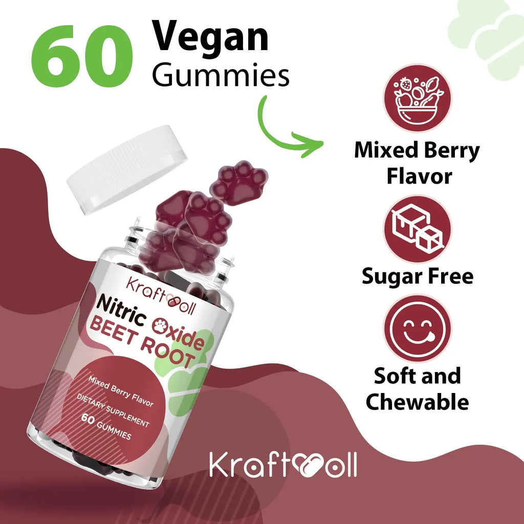 Kraftvoll Nitric Oxide Beet Root Gummies – Sugar-Free Beet Chewables, Mixed Berry Flavor with Grapeseed Powder, Pomegranate, Vitamin C & B12 – Nitric Oxide Supplements for Men – 60 Gummies (2 Bottles) - TrustMedUSA
