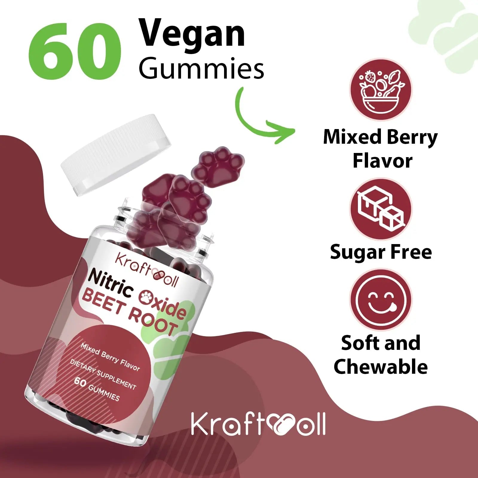 Kraftvoll Nitric Oxide Beet Root Gummies – Sugar-Free Beet Chewables, Mixed Berry Flavor with Grapeseed Powder, Pomegranate, Vitamin C & B12 – Nitric Oxide Supplements for Men – 60 Gummies (2 Bottles) - TrustMedUSA
