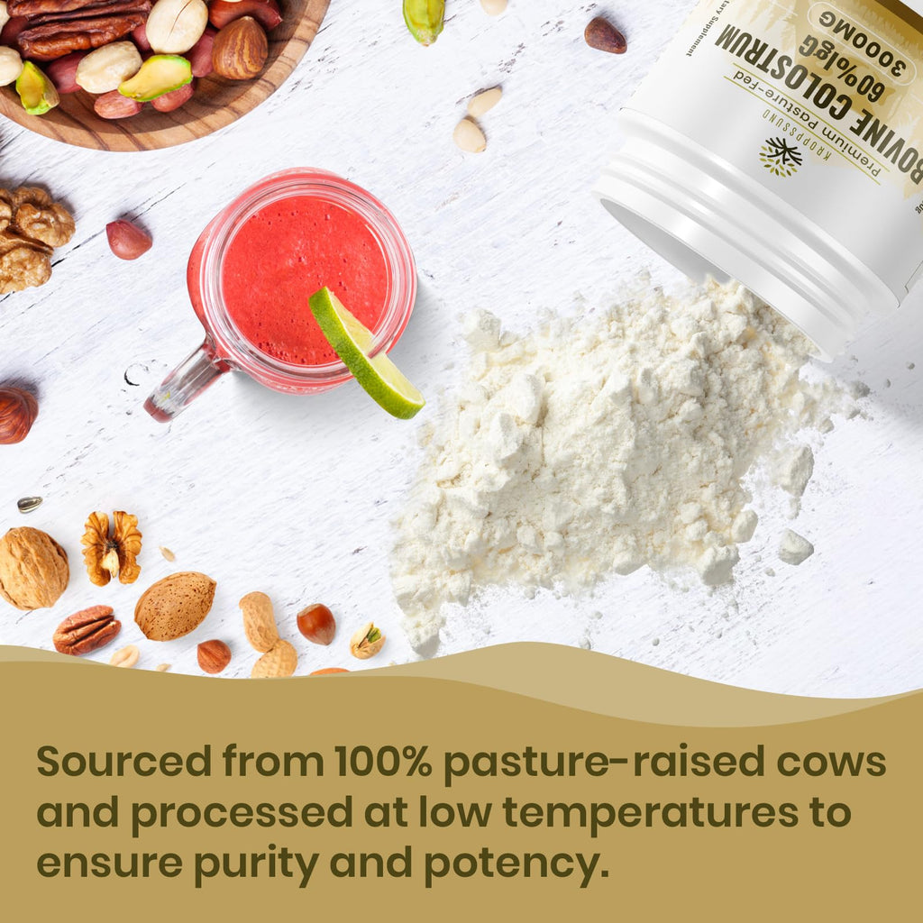 Kroppssund Bovine Colostrum Powder Supplement 3000 mg - Extra High 60% IgG Bovine Colostrum - Gut, Bone, Exercise, Immune - 50 Servings (1 Bottle) - TrustMedUSA