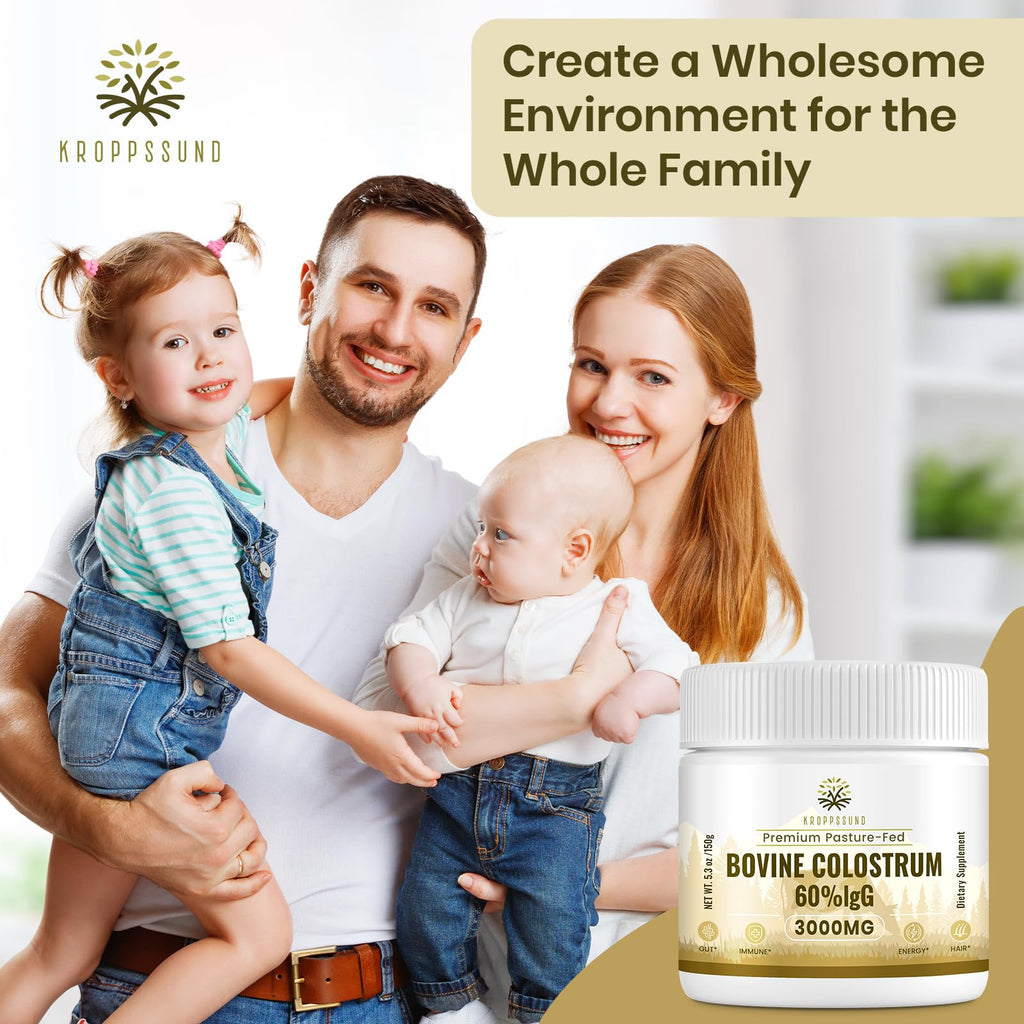 Kroppssund Bovine Colostrum Powder Supplement 3000 mg - Extra High 60% IgG Bovine Colostrum - Gut, Bone, Exercise, Immune - 50 Servings (1 Bottle) - TrustMedUSA