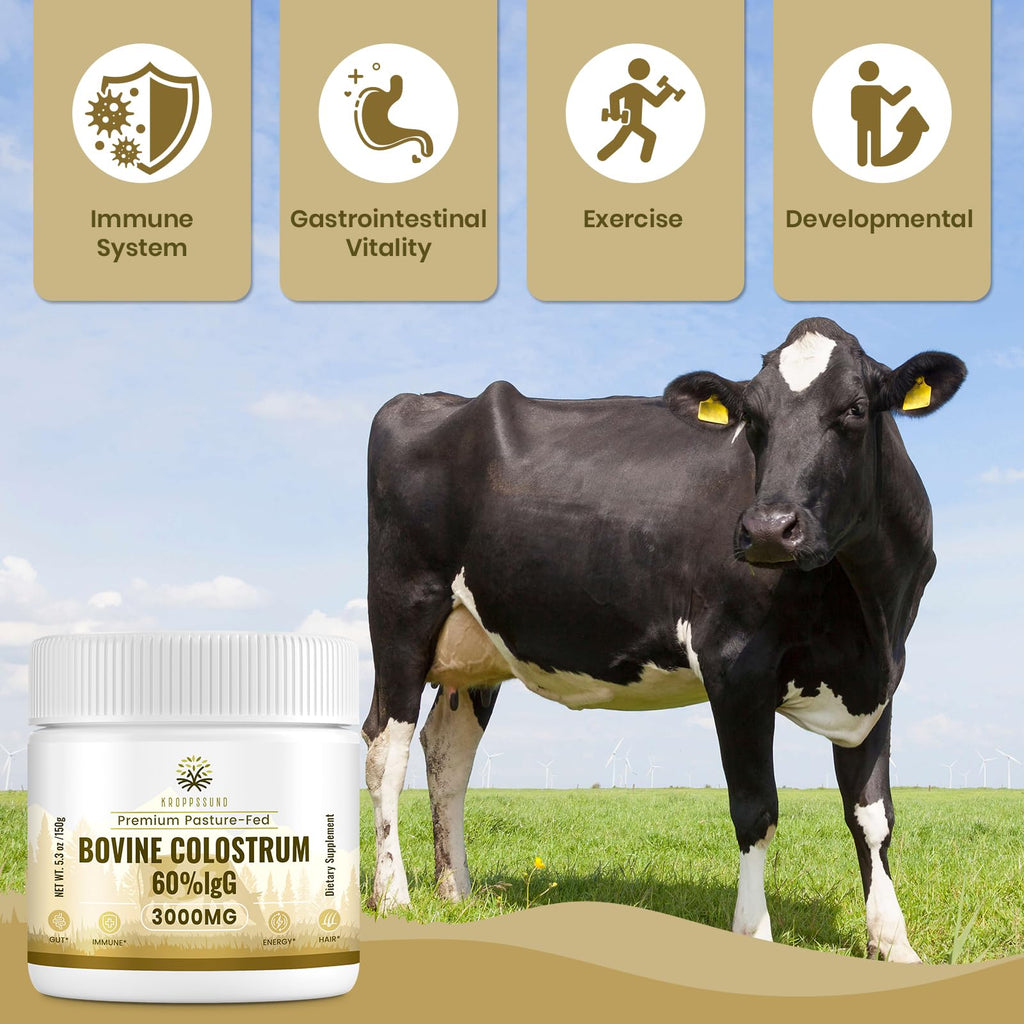 Kroppssund Bovine Colostrum Powder Supplement 3000 mg - Extra High 60% IgG Bovine Colostrum - Gut, Bone, Exercise, Immune - 50 Servings (1 Bottle) - TrustMedUSA