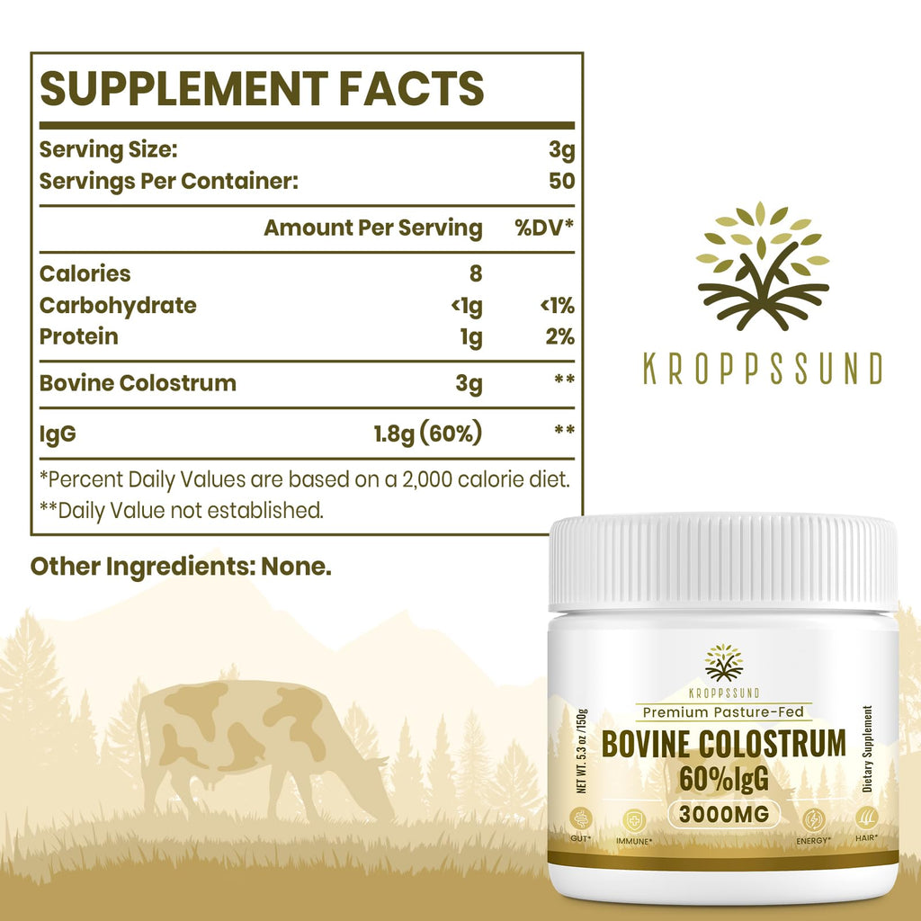 Kroppssund Bovine Colostrum Powder Supplement 3000 mg - Extra High 60% IgG Bovine Colostrum - Gut, Bone, Exercise, Immune - 50 Servings (1 Bottle) - TrustMedUSA