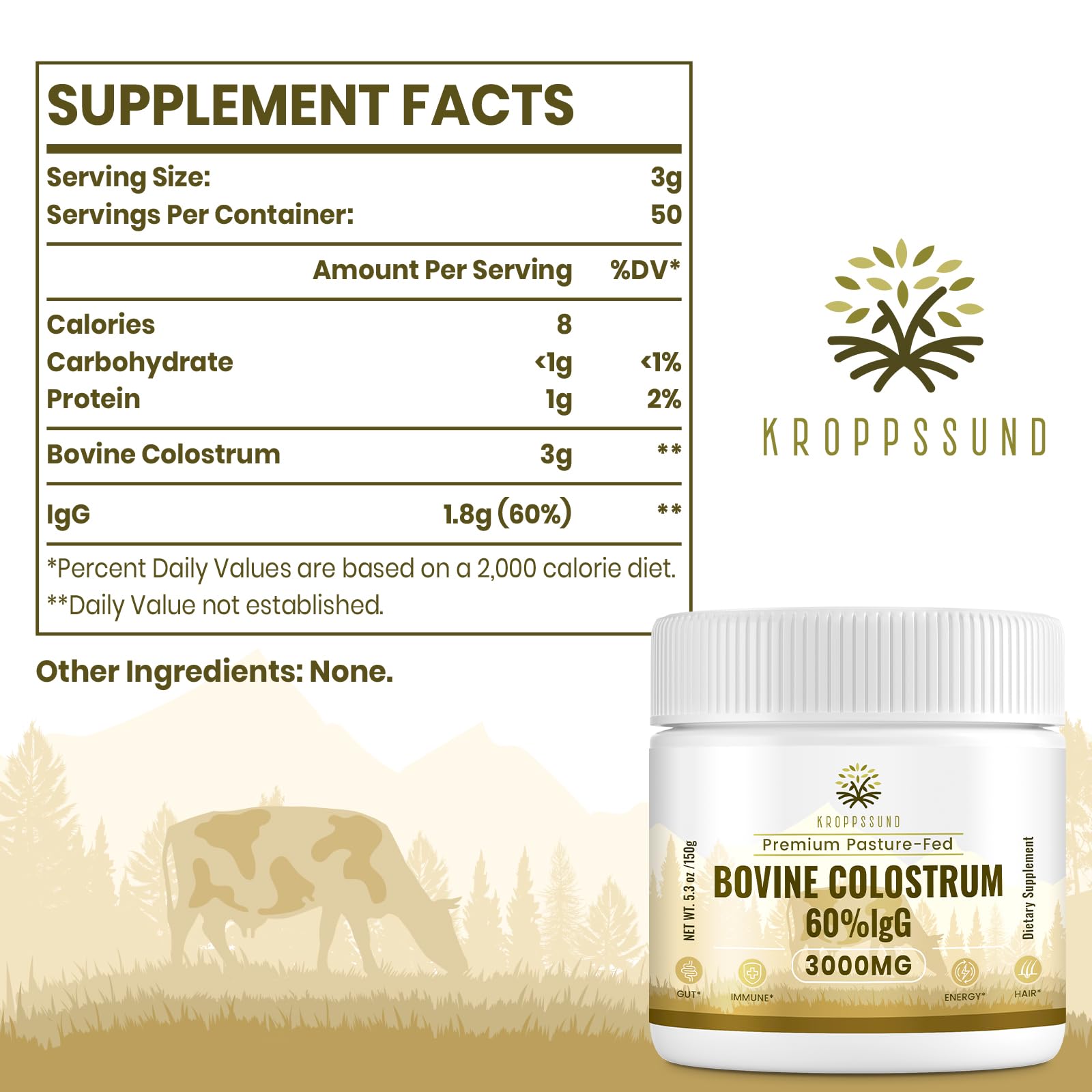 Kroppssund Bovine Colostrum Powder Supplement 3000 mg - Extra High 60% IgG Bovine Colostrum - Gut, Bone, Exercise, Immune - 50 Servings (1 Bottle) - TrustMedUSA
