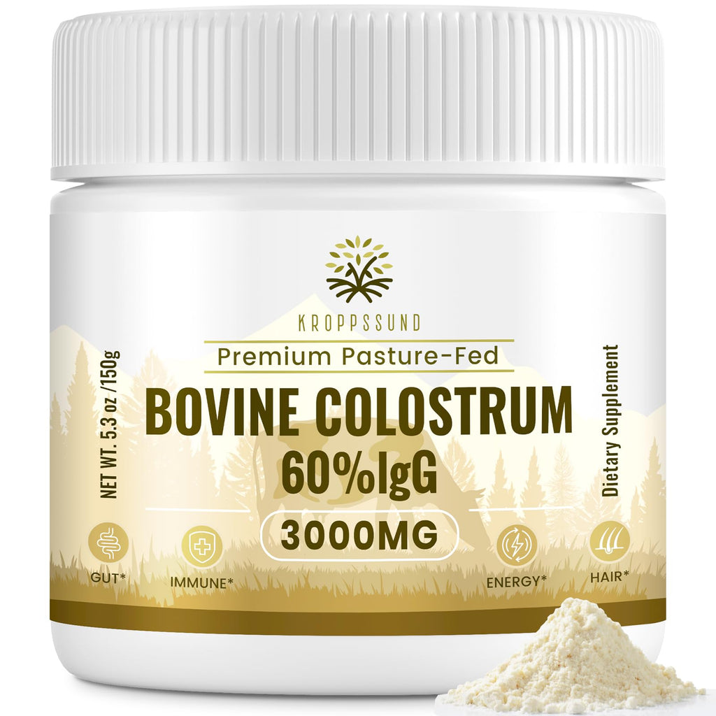 Kroppssund Bovine Colostrum Powder Supplement 3000 mg - Extra High 60% IgG Bovine Colostrum - Gut, Bone, Exercise, Immune - 50 Servings (1 Bottle) - TrustMedUSA