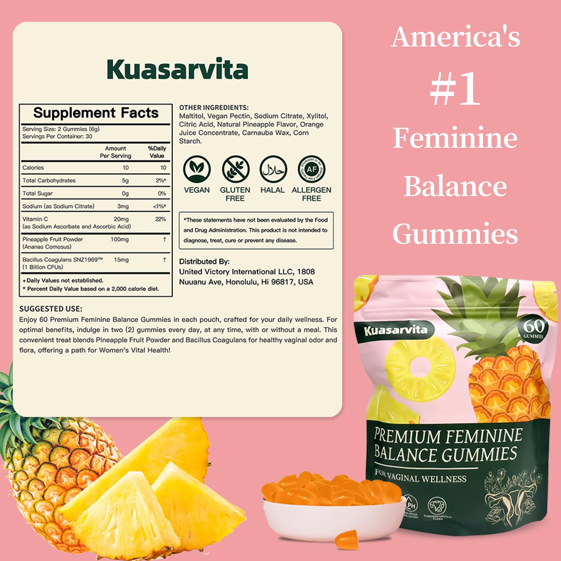 Kuasarvita Peeshlita Women’s Vaginal Probiotics Gummies – pH Balance Support + Feminine Wellness & Comfort, Pineapple Flavor, Natural Probiotic Blend – 60 Gummies - TrustMedUSA